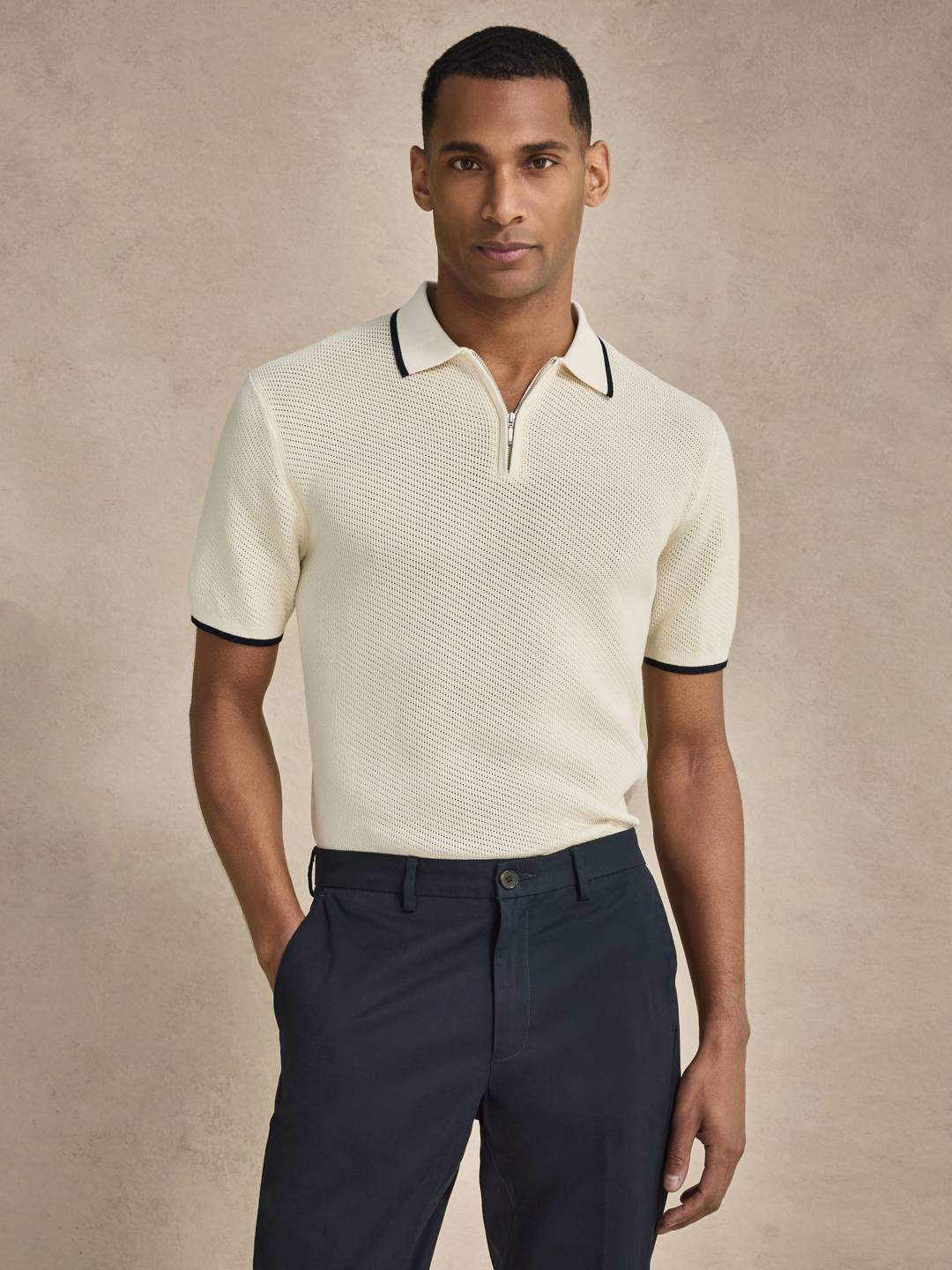 Textured Cotton Knit Half-Zip Polo Shirt | John Henric