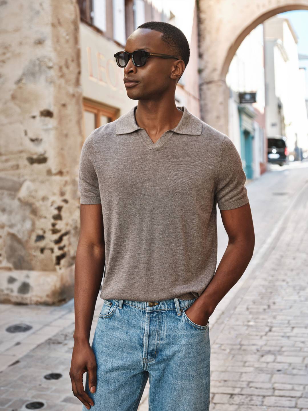 Taupe Polo Shirt - Lyocell Linen V-Neck - Buy online | John Henric