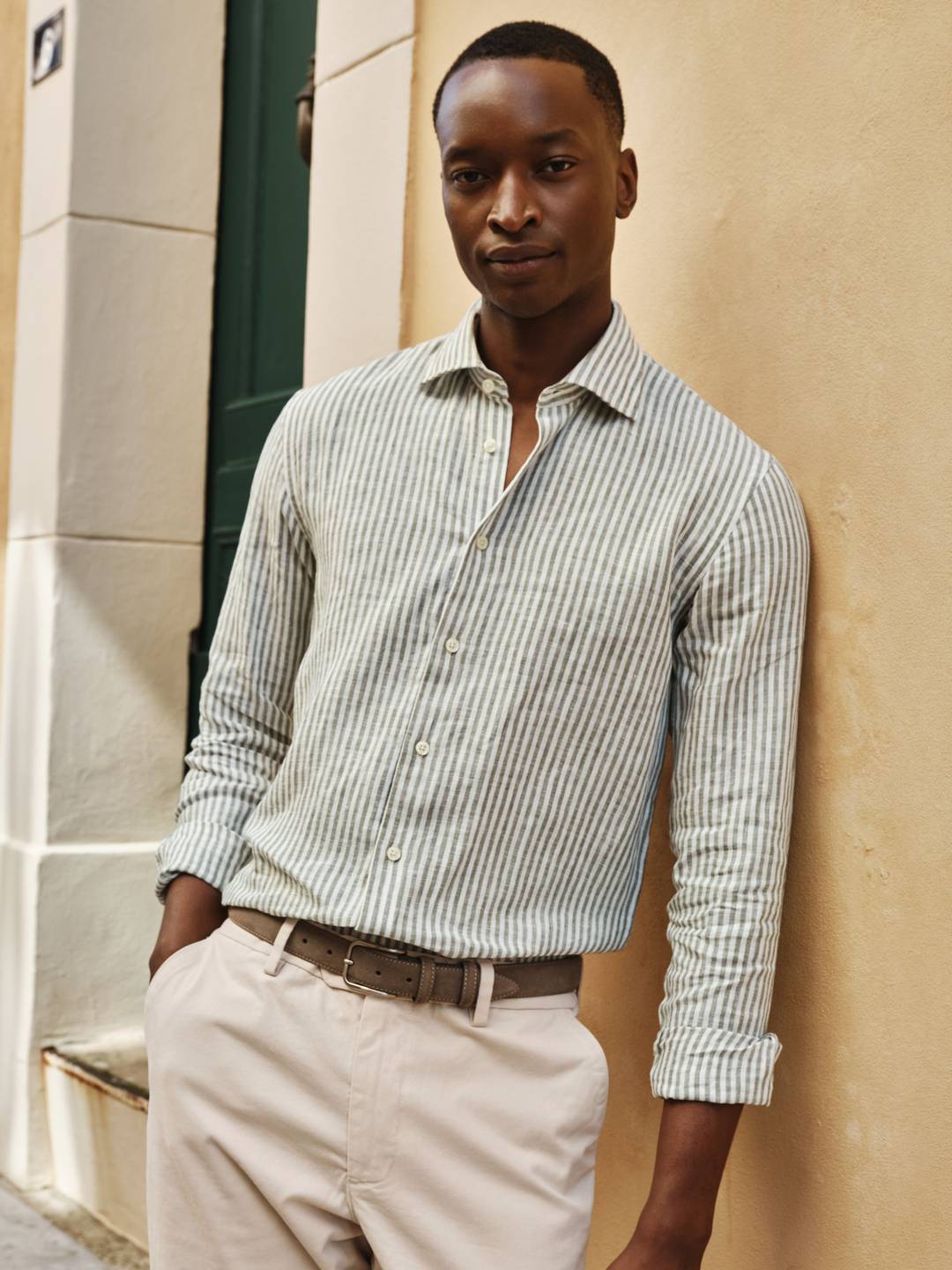 Green Striped Linen Shirt Slim Fit - Linen Slim Fit - Buy online
