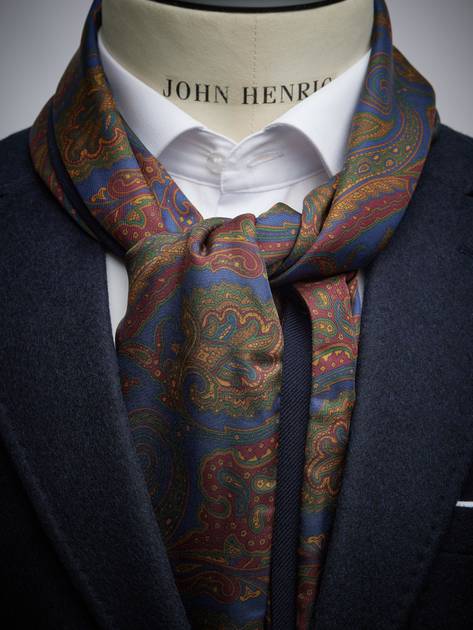 Écharpe Homme Double Face Laine Et Soie - Bleu Avec Motifs Rouges/jaunes, Fait Main En Italie