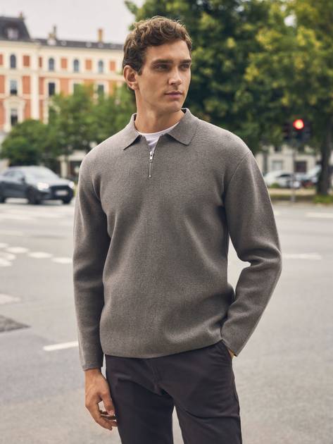 【YOURNUS】Lihen Stripe Half Knit Cotton Zip Sweater - Buy online | John Henric