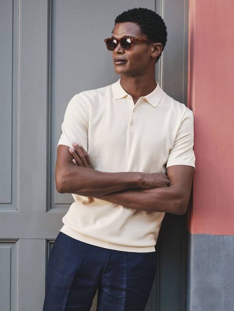 Zigzag cotton knit polo shirt with solid color inserts White