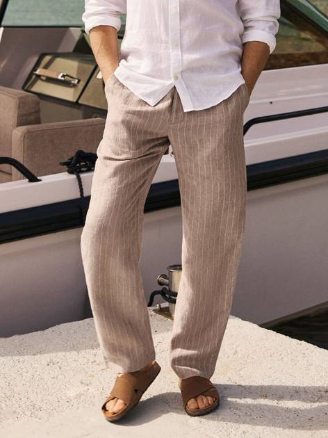 パンツ 100% linen striped trousers with buckle detail Hunter & Brown Striped Wide Leg Pant - Women's Pants in