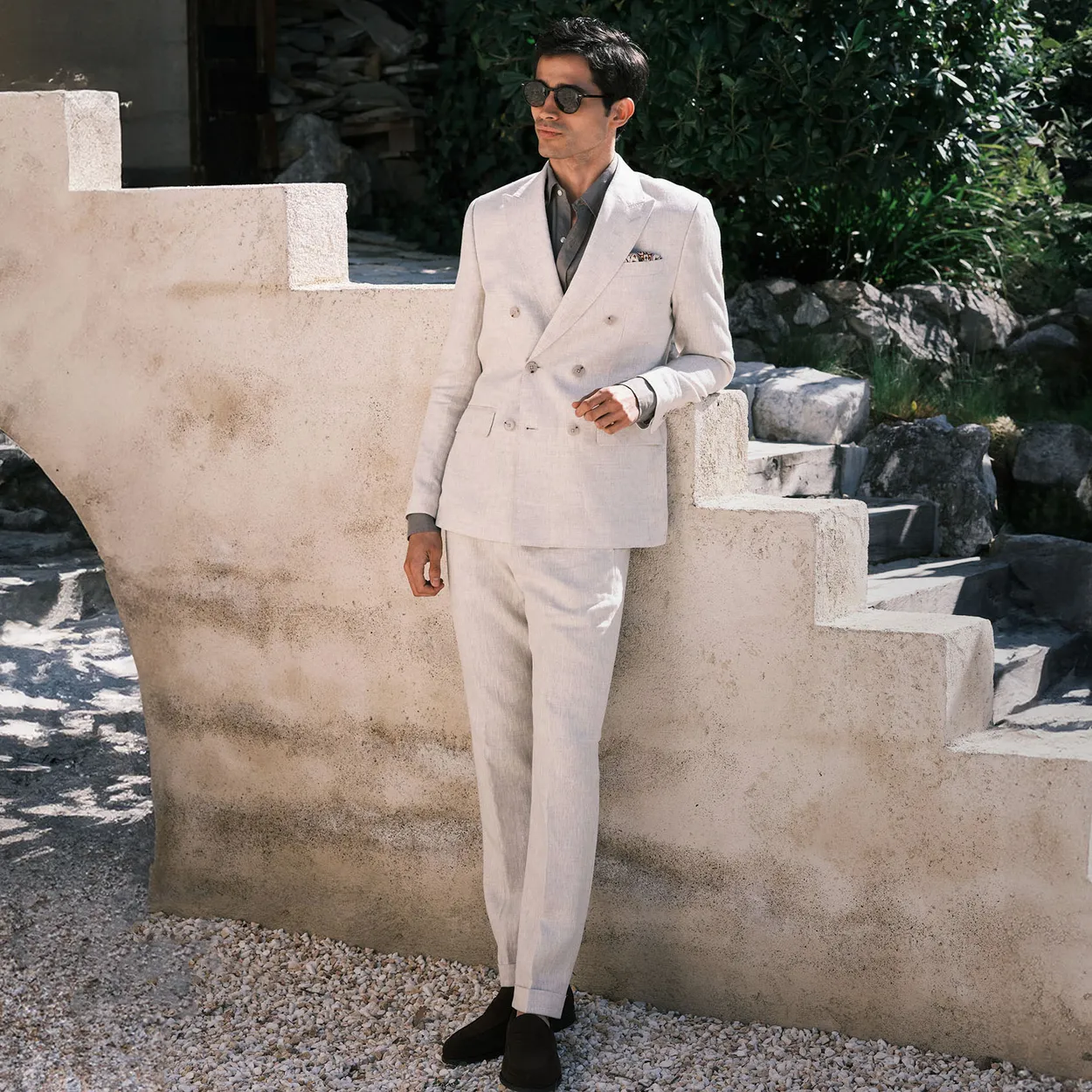 Double breasted white linen suit best sale