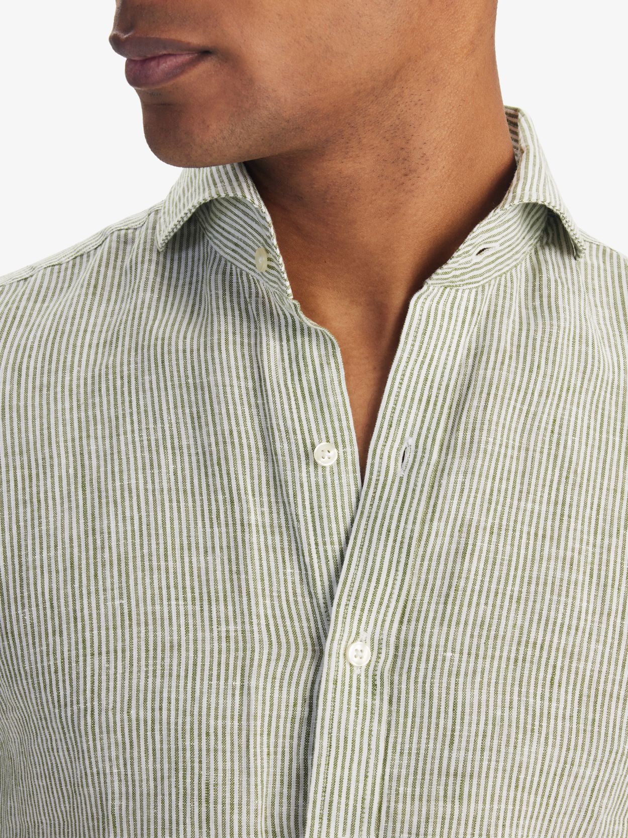 Striped linen shirt with shark collar olive green - Summer shirts