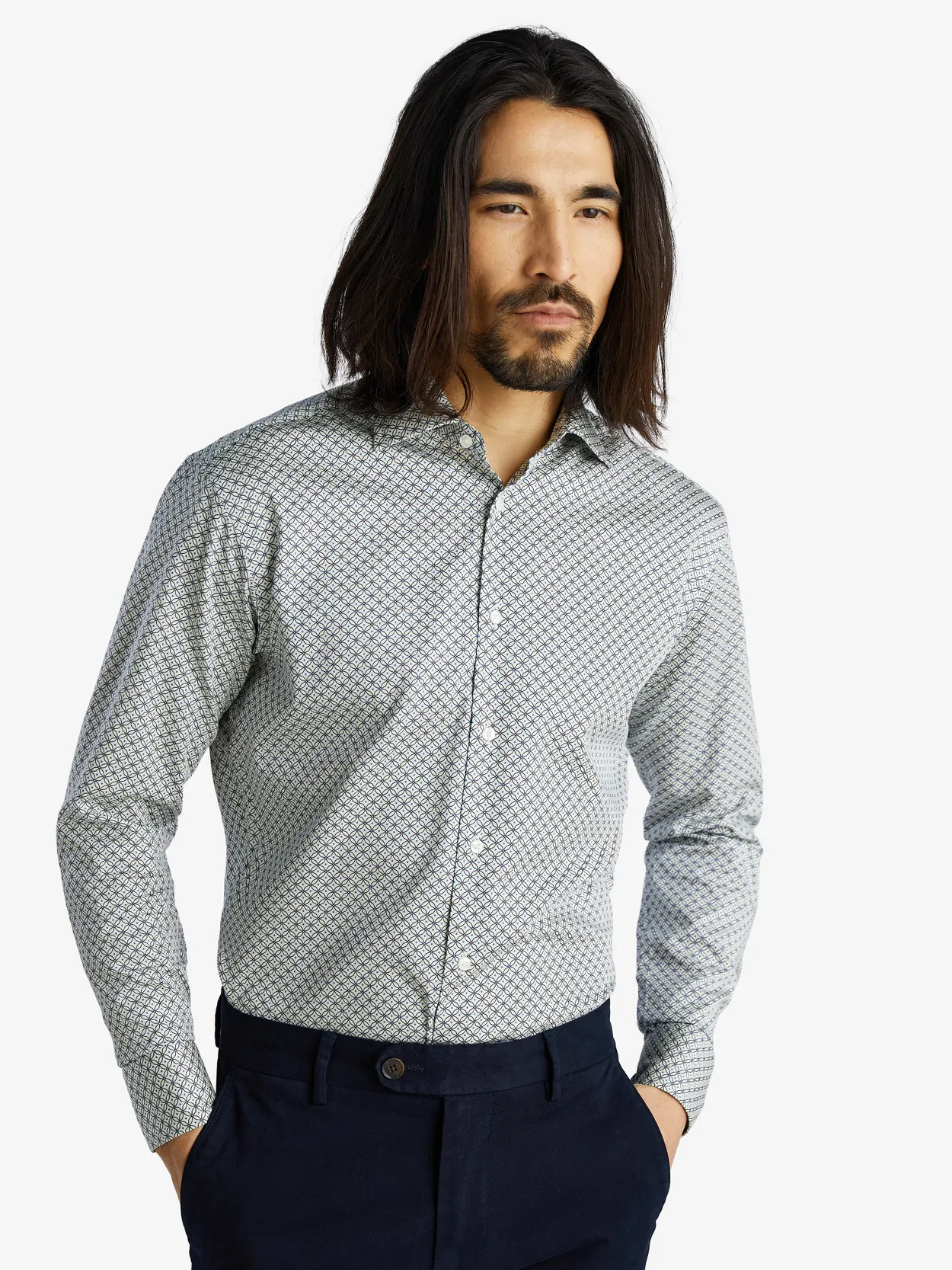 Hvid & Blå Mønstret Skjorte
