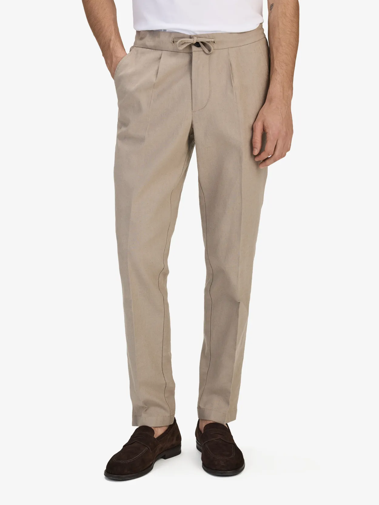 Taupe Slim Fit Trousers Linen Cotton