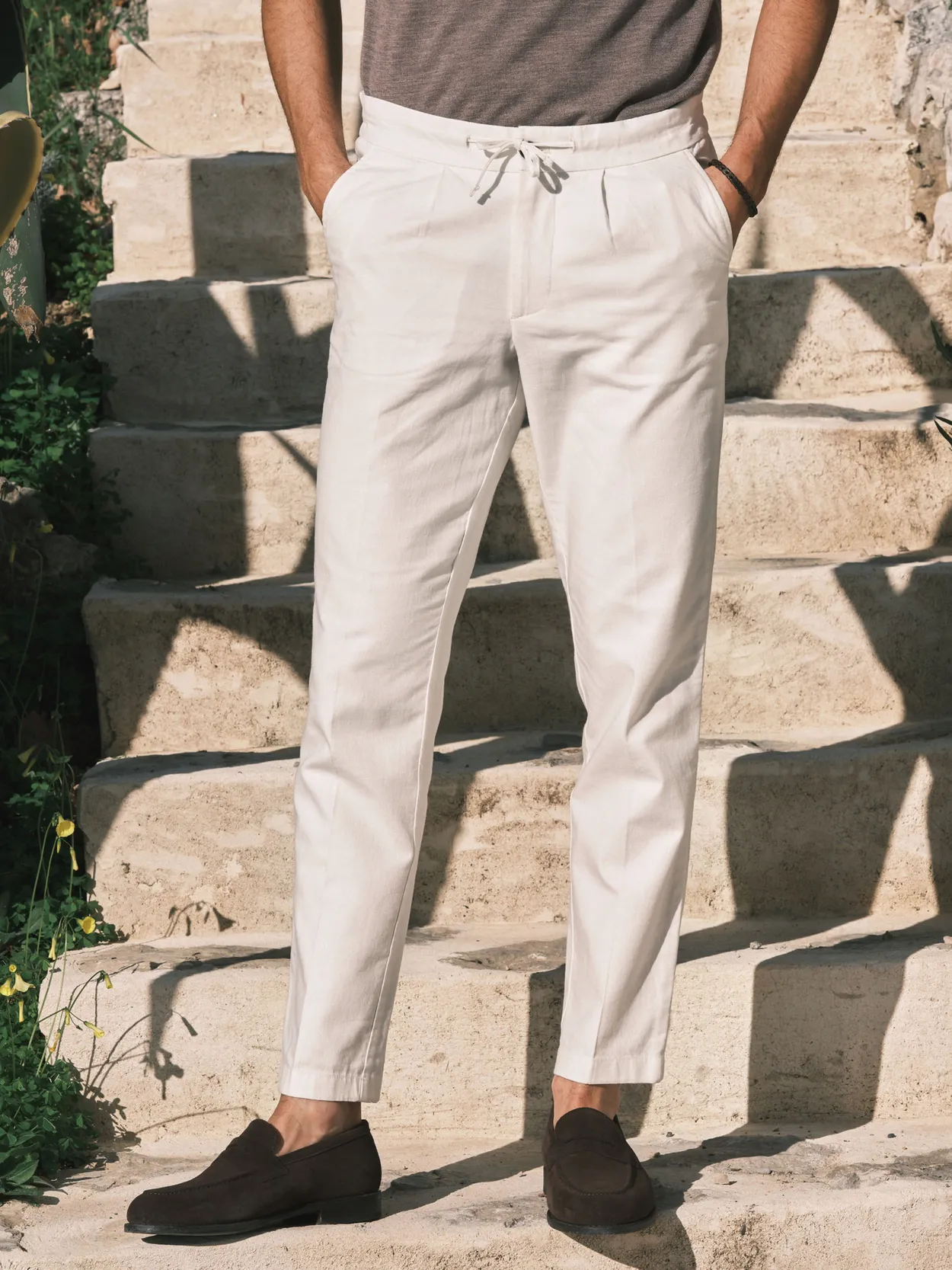 Pantalon Ajusté Blanc Lin Coton