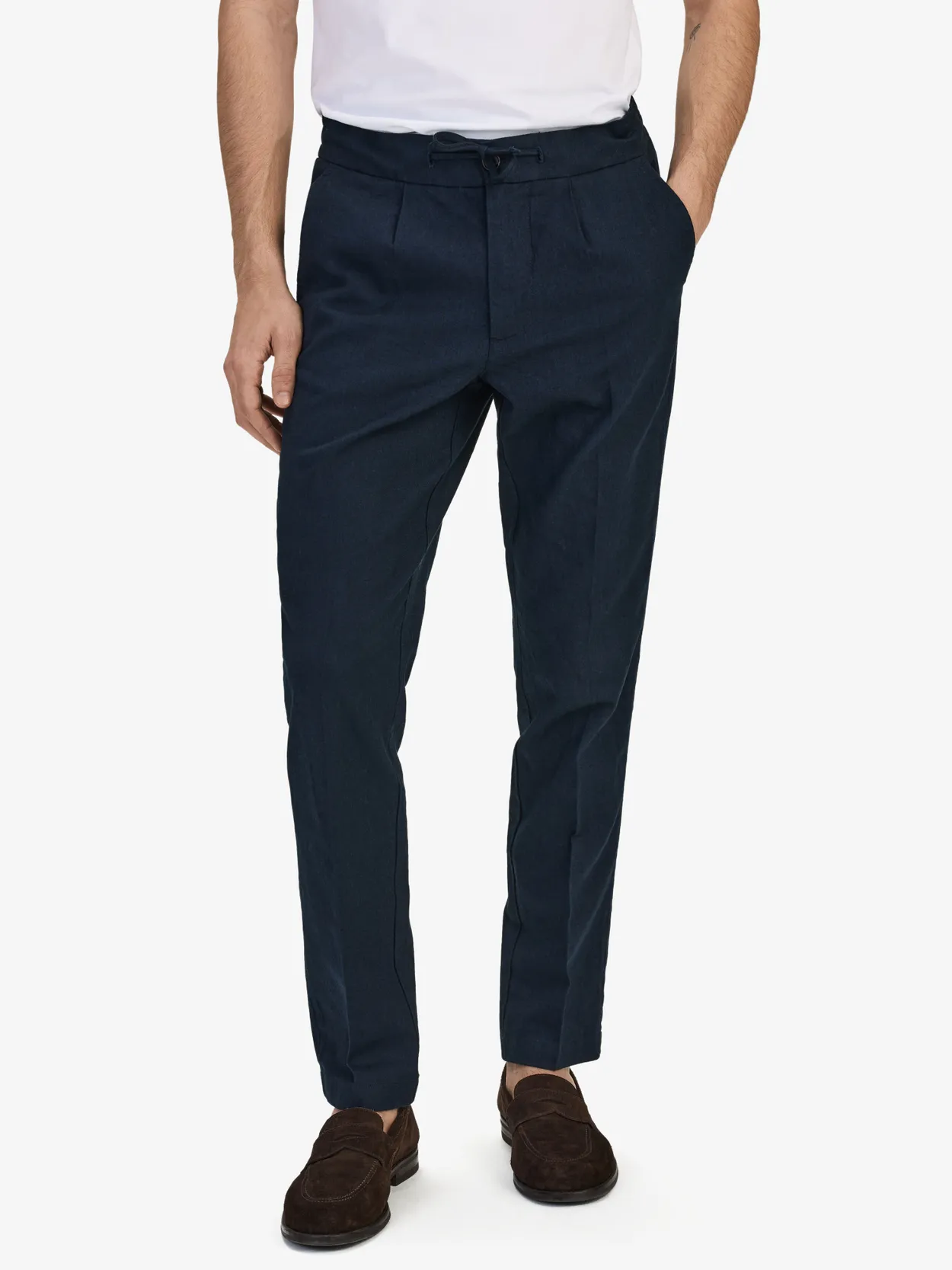 Pantalon Ajusté Bleu Marine Lin Coton