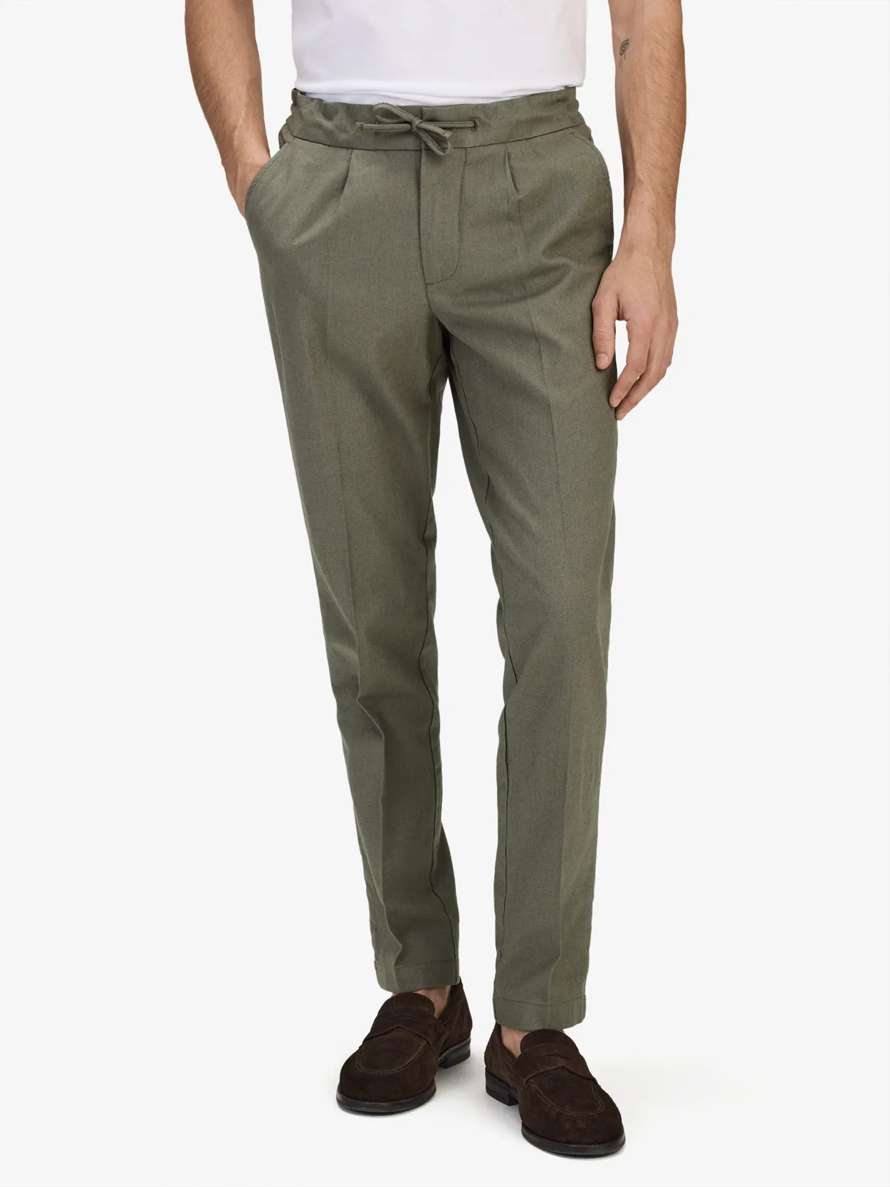 Green Slim Fit Trousers Linen Cotton