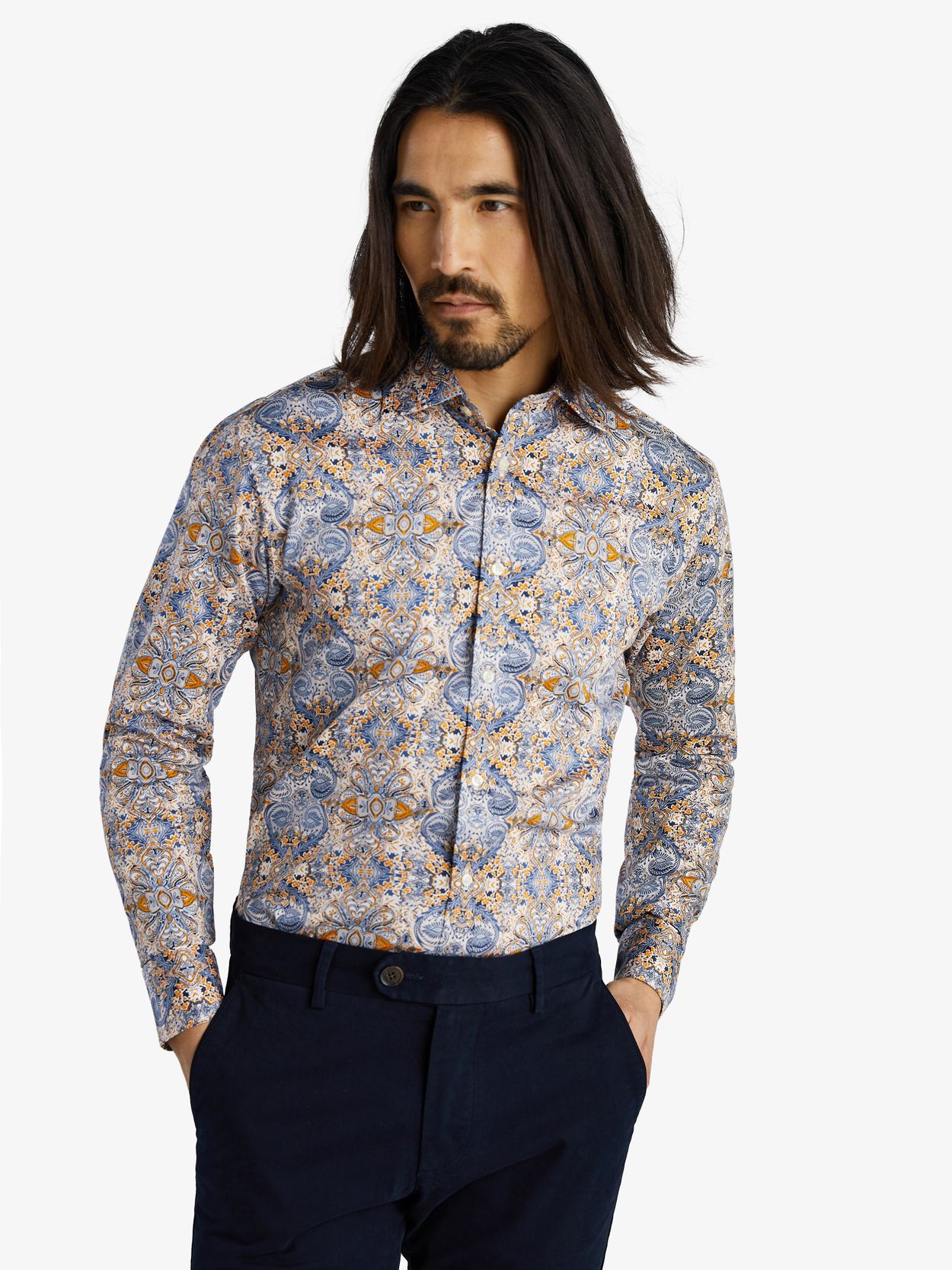 Blå & Gul Mønstret Skjorte