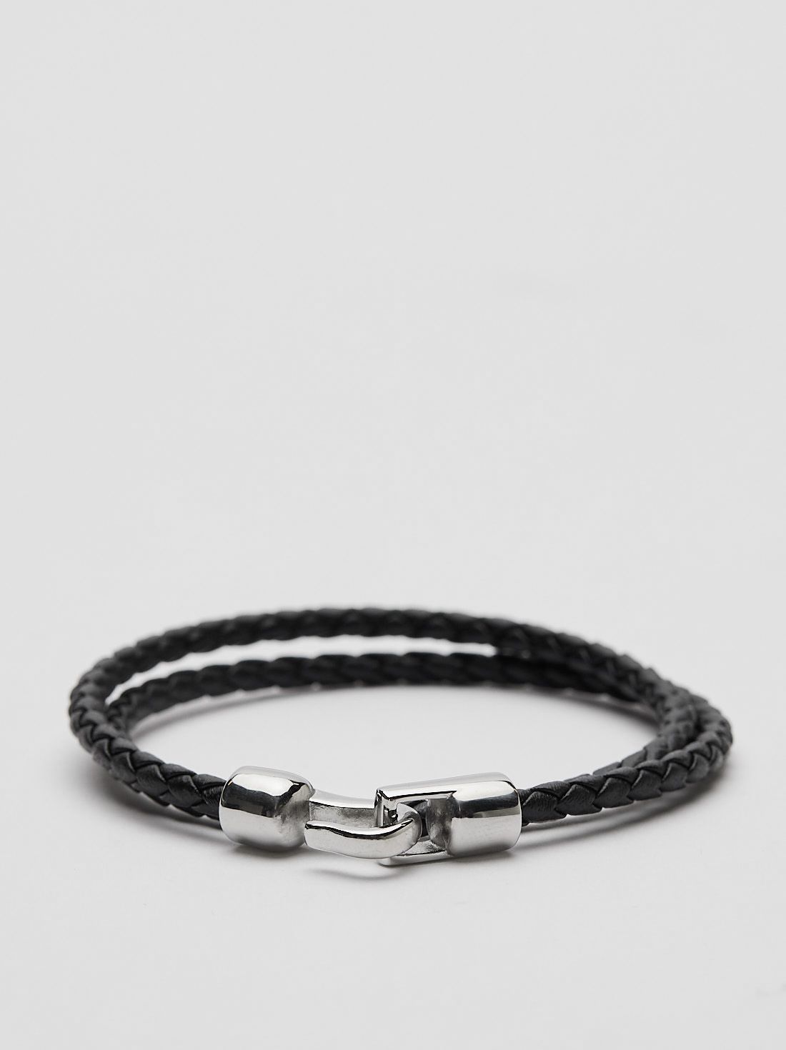 Mens Black Leather Bracelet - Silver - Large (22cm)