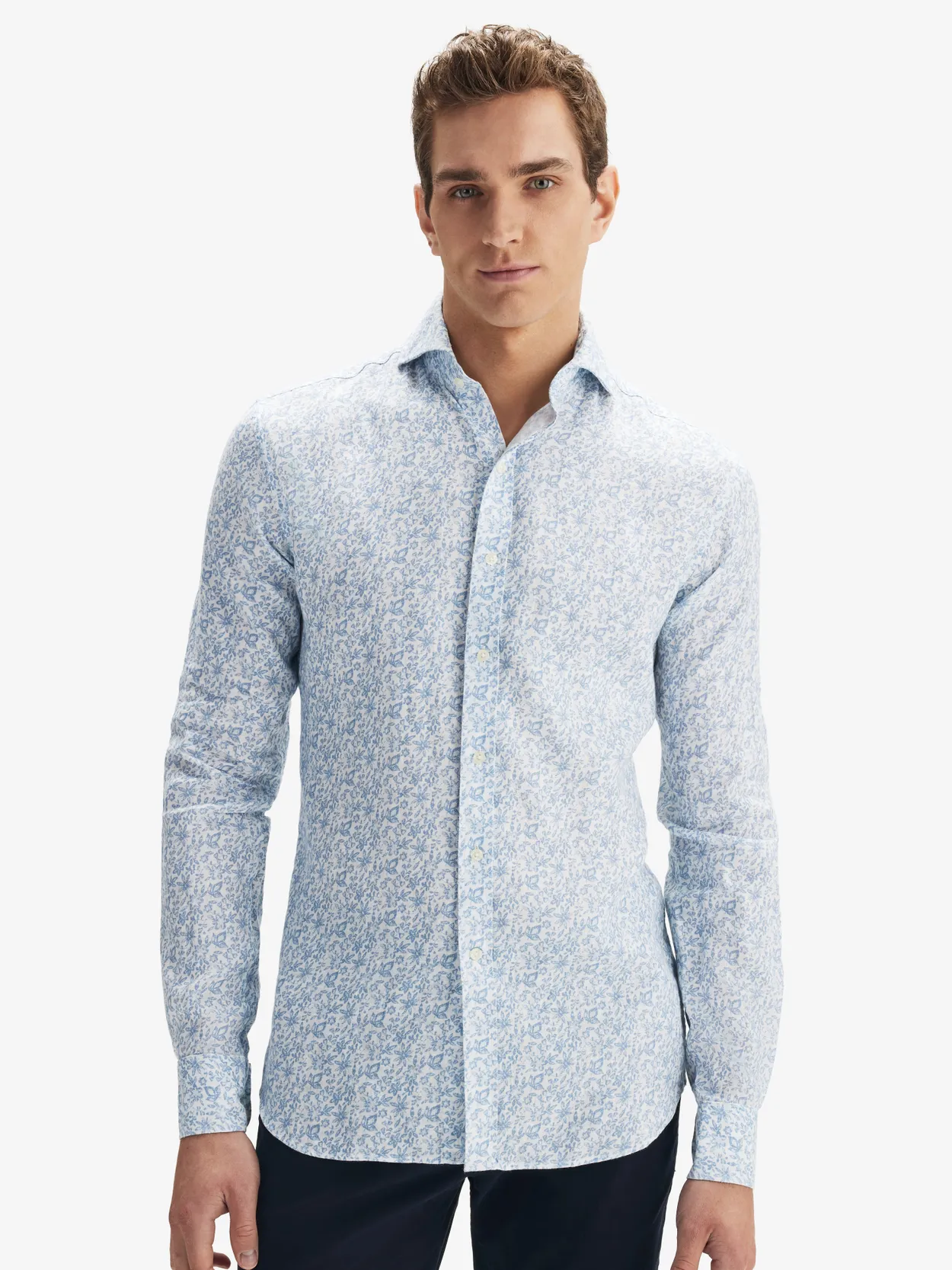 Chemise en Lin à Motif Floral Bleu