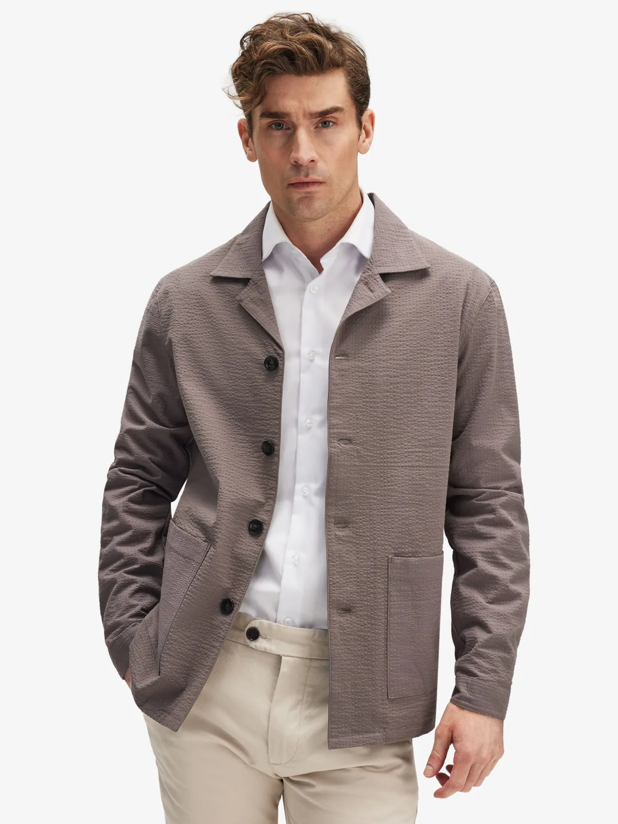 Brown Seersucker Shirt Jacket