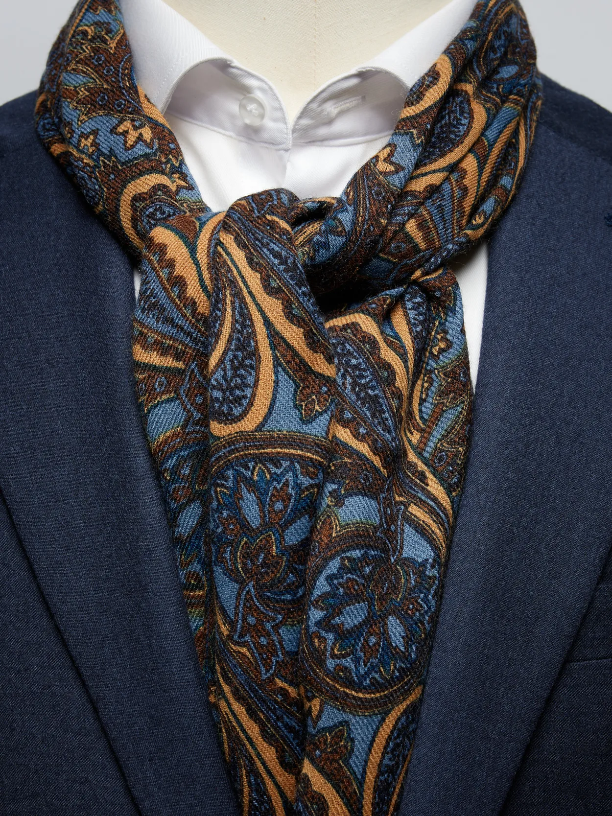 Double Sided Wool Silk Scarf in Burgundy, Blue, Mauve & Gold Yellow Paisley with Geometric Pattern