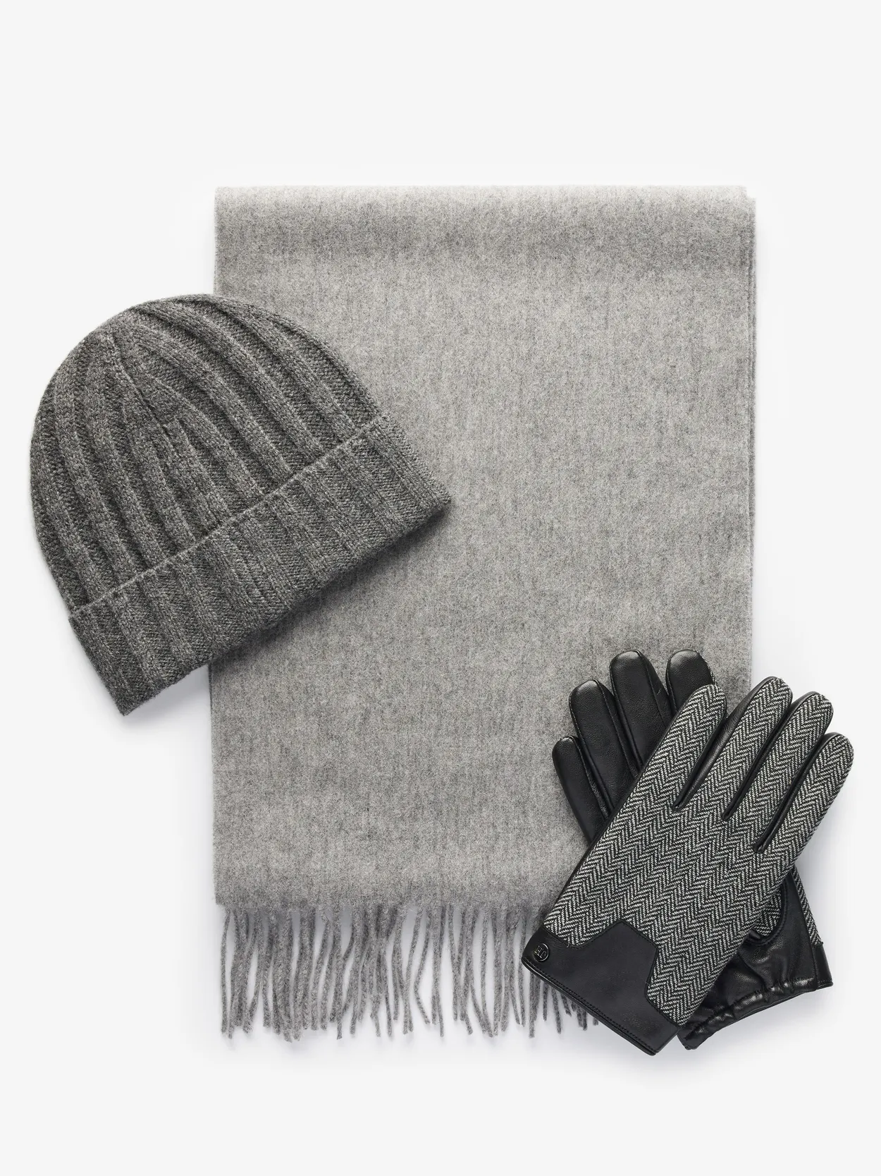 Grey Wool Beanie, Scarf & Gloves