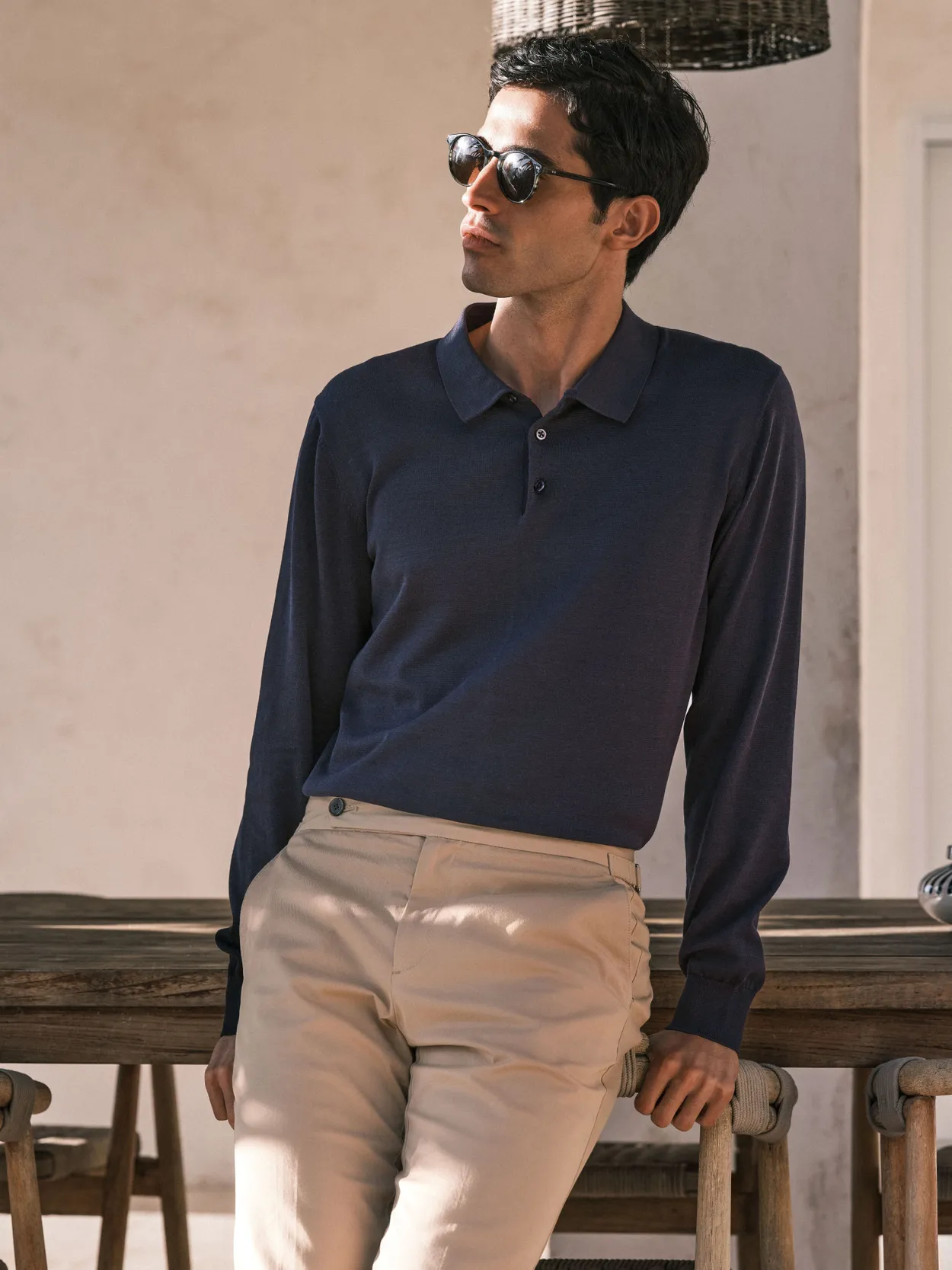 Navy Blue Cotton Silk Polo Sweater