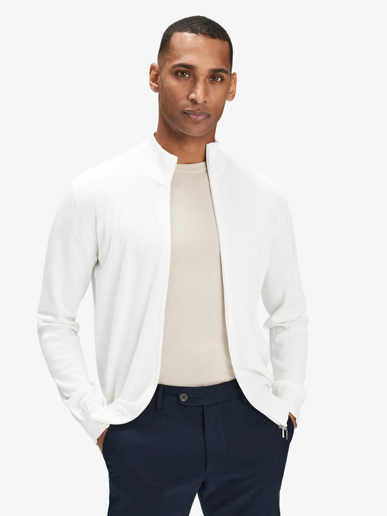 White Cotton Silk Zip Sweater