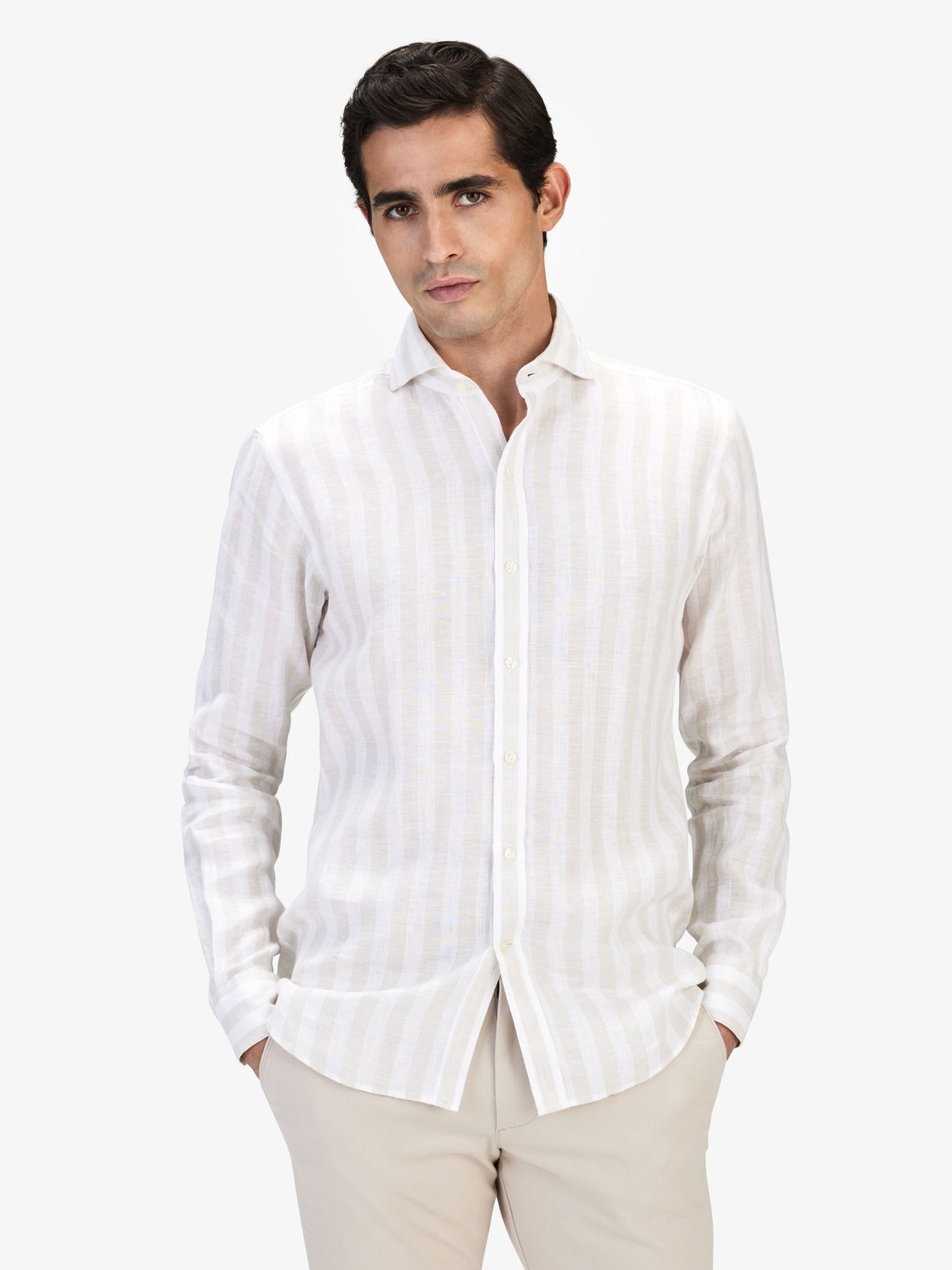 Beige Block Striped Linen Shirt