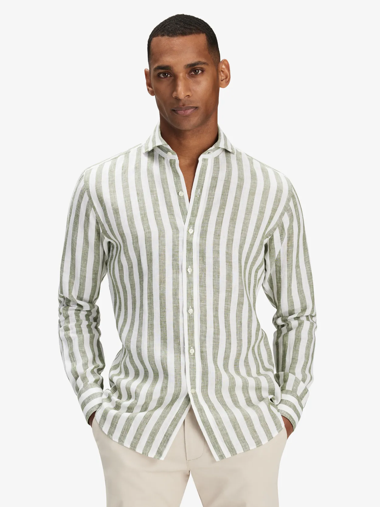 Green Block Striped Linen Shirt