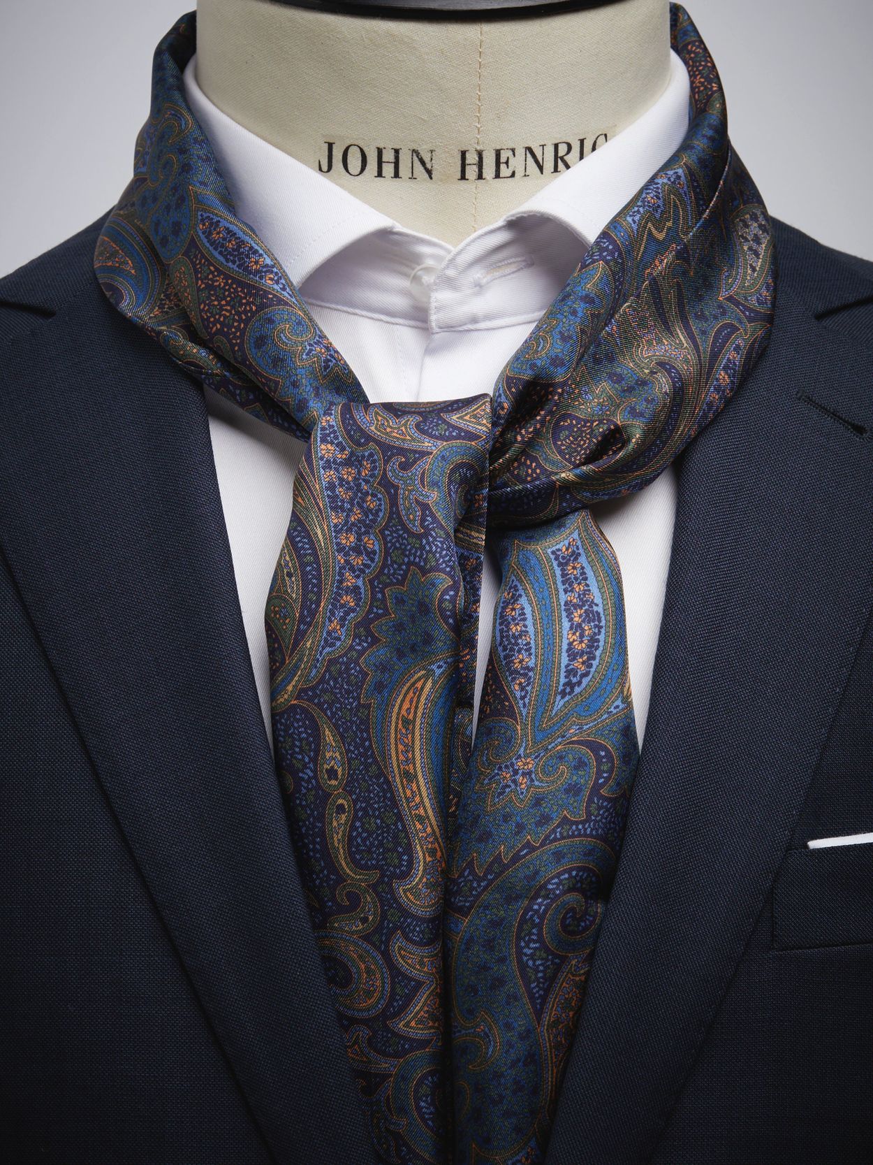 Men's Navy Blue Printed Silk Scarf