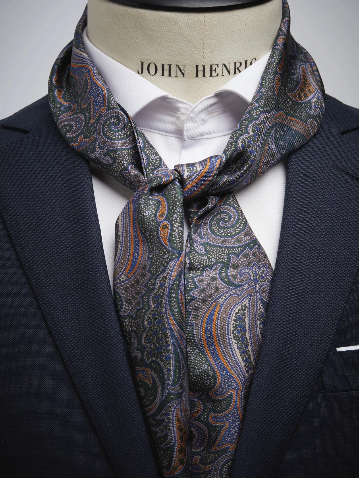 Long silk scarf for men. Elegant navy blue print