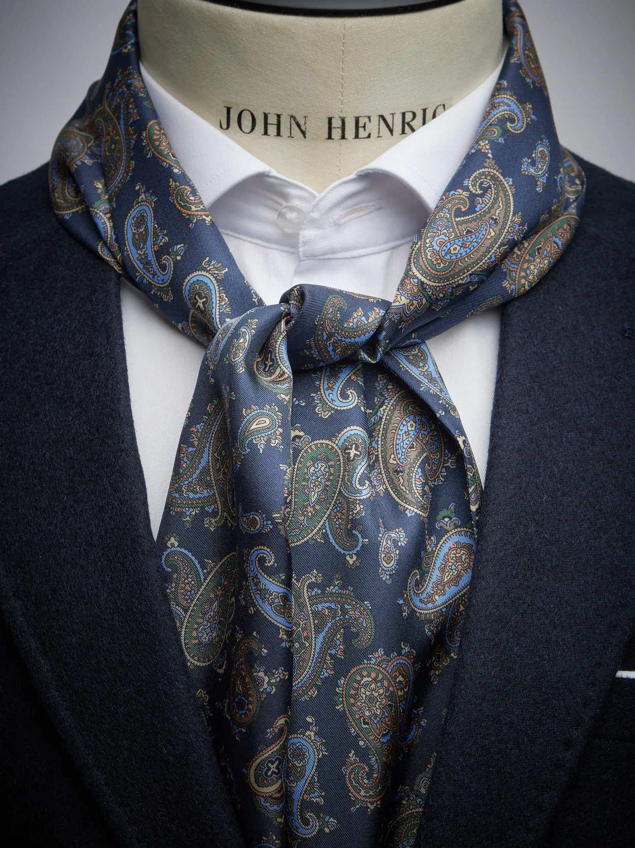 Double Sided Wool Silk Scarf in Navy, Grey, Blue Paisley & Diamond Pattern