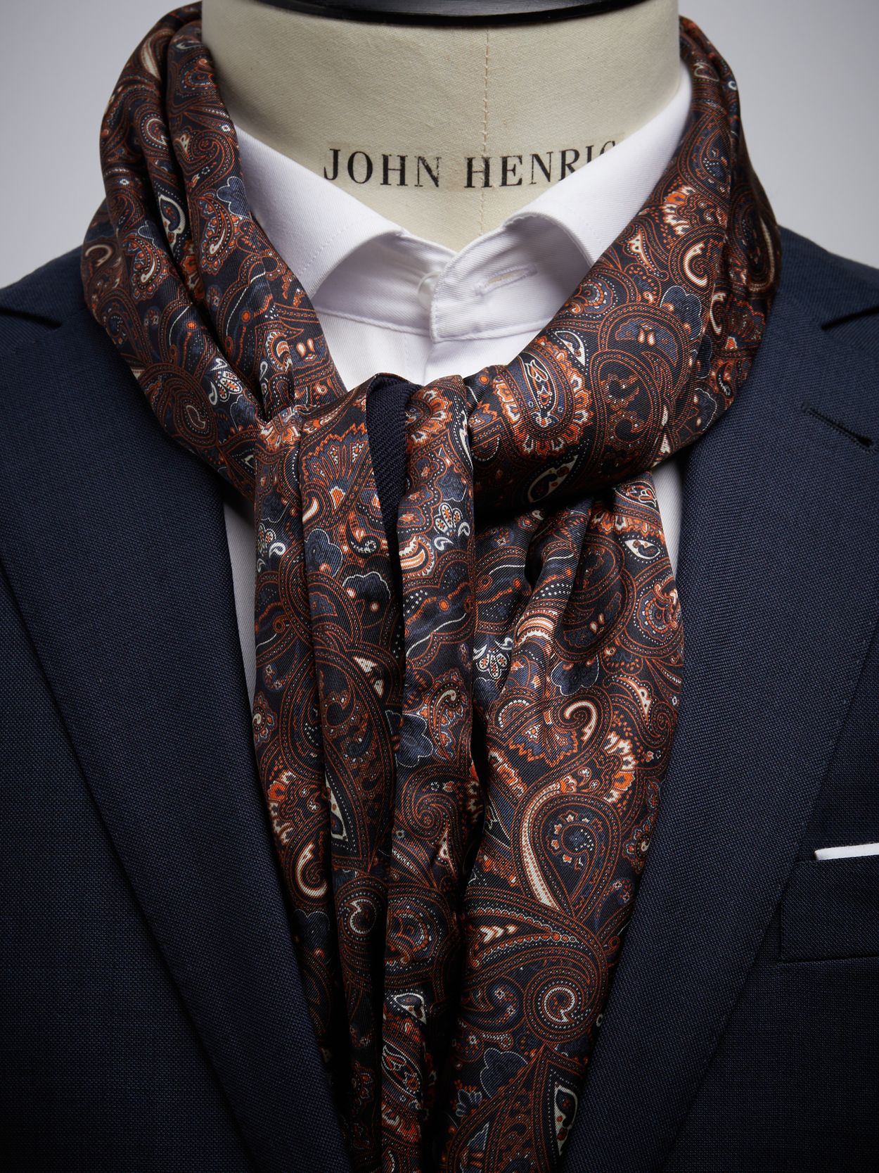 Long silk scarf for men. Elegant navy blue print