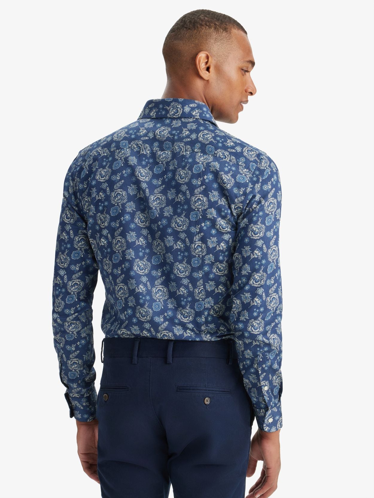 blue pattern dress shirt goTIELESS Ultimate Dress Shirt (Navy Four-Petal Microprint)