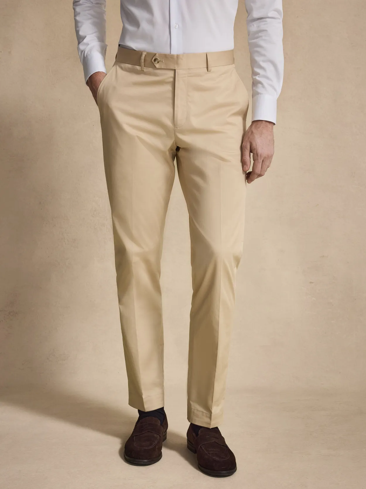 Beige Cotton Solid Suit Pants