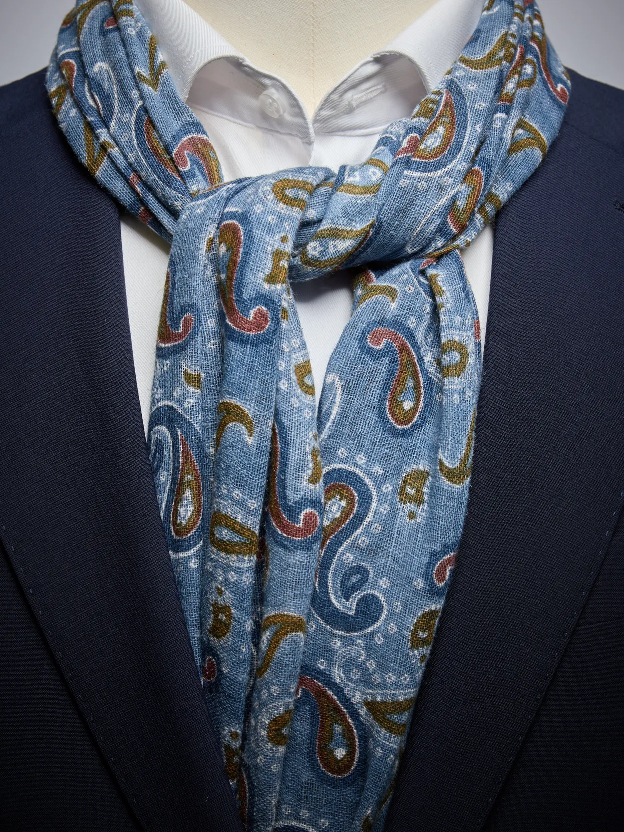 Mid Blue Paisley Printed Scarf Linen Cotton