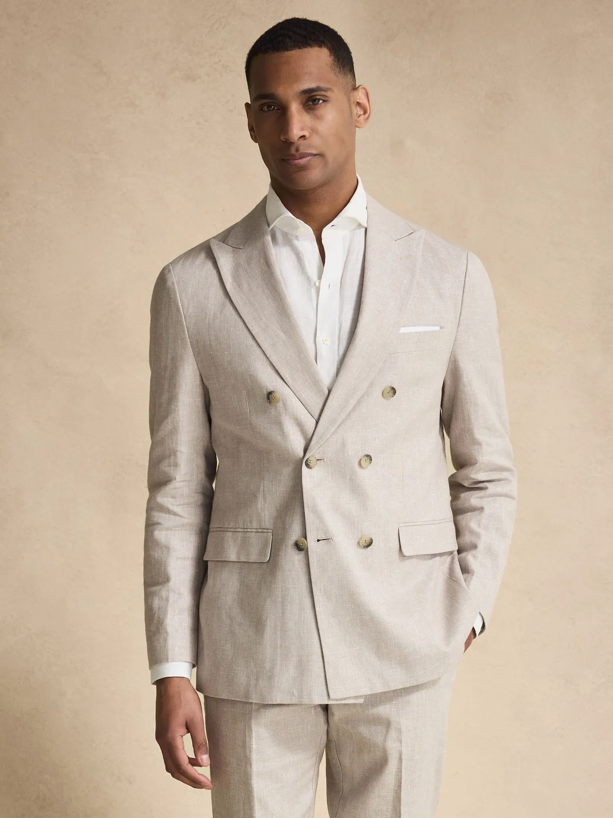 Beige Double Breasted Linen Cotton Suit