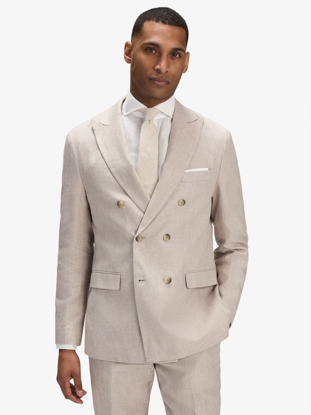 Image number 3 for product Beige Zweireihiger Leinen Baumwolle Anzug mit Hemd