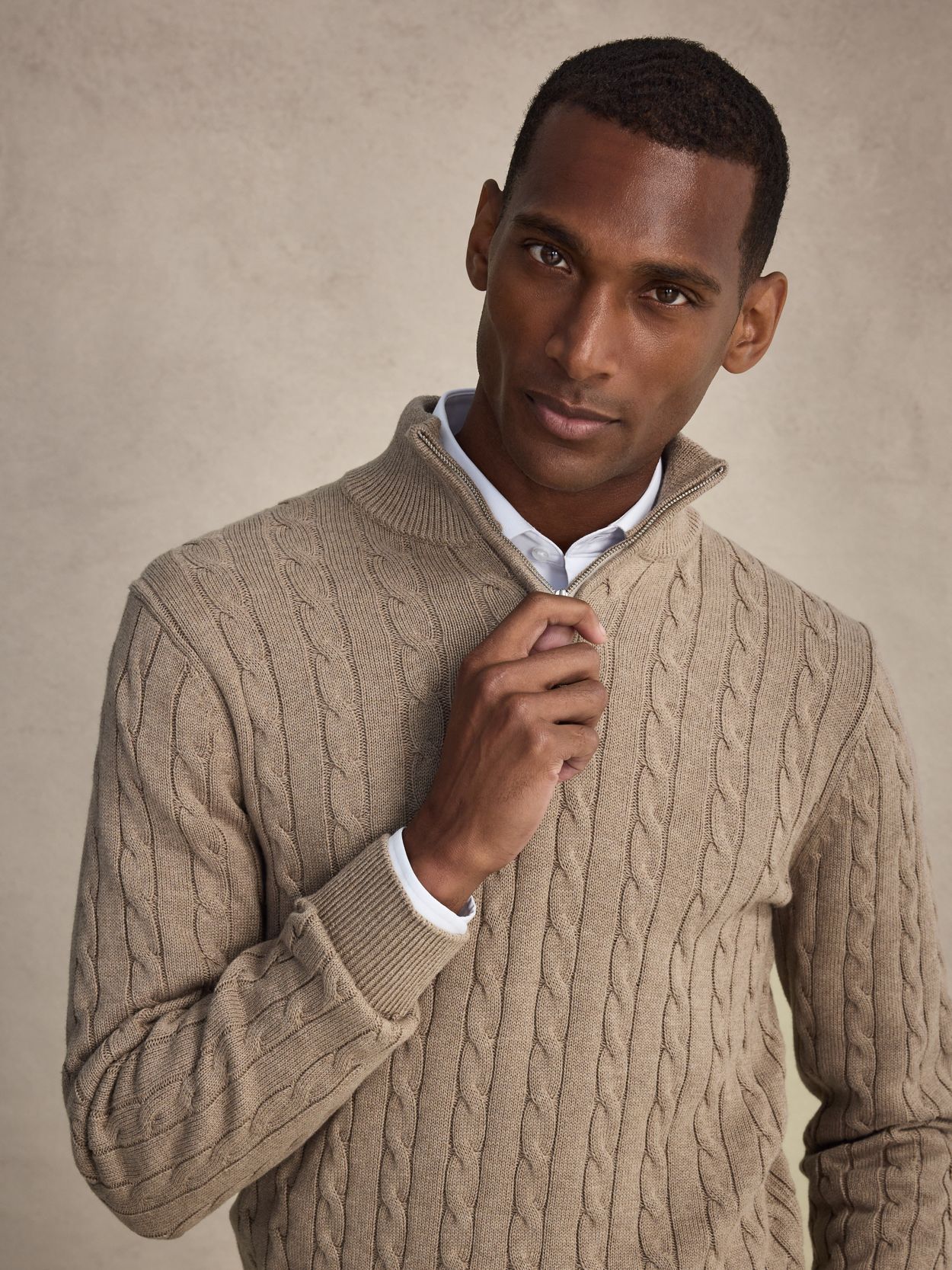 Sand Half Zip Sweater Regular Fit - Cotton Cable Knitted - Buy