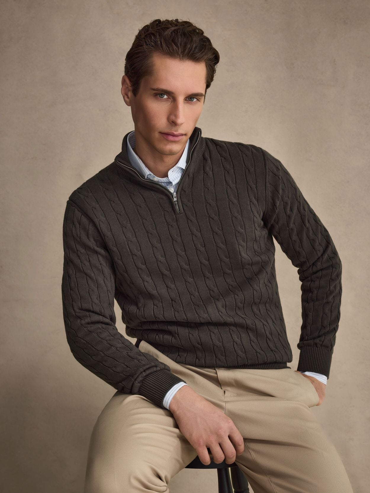 Green Half Zip Sweater Regular Fit - Cotton Cable Knitted - Buy online |  John Henric