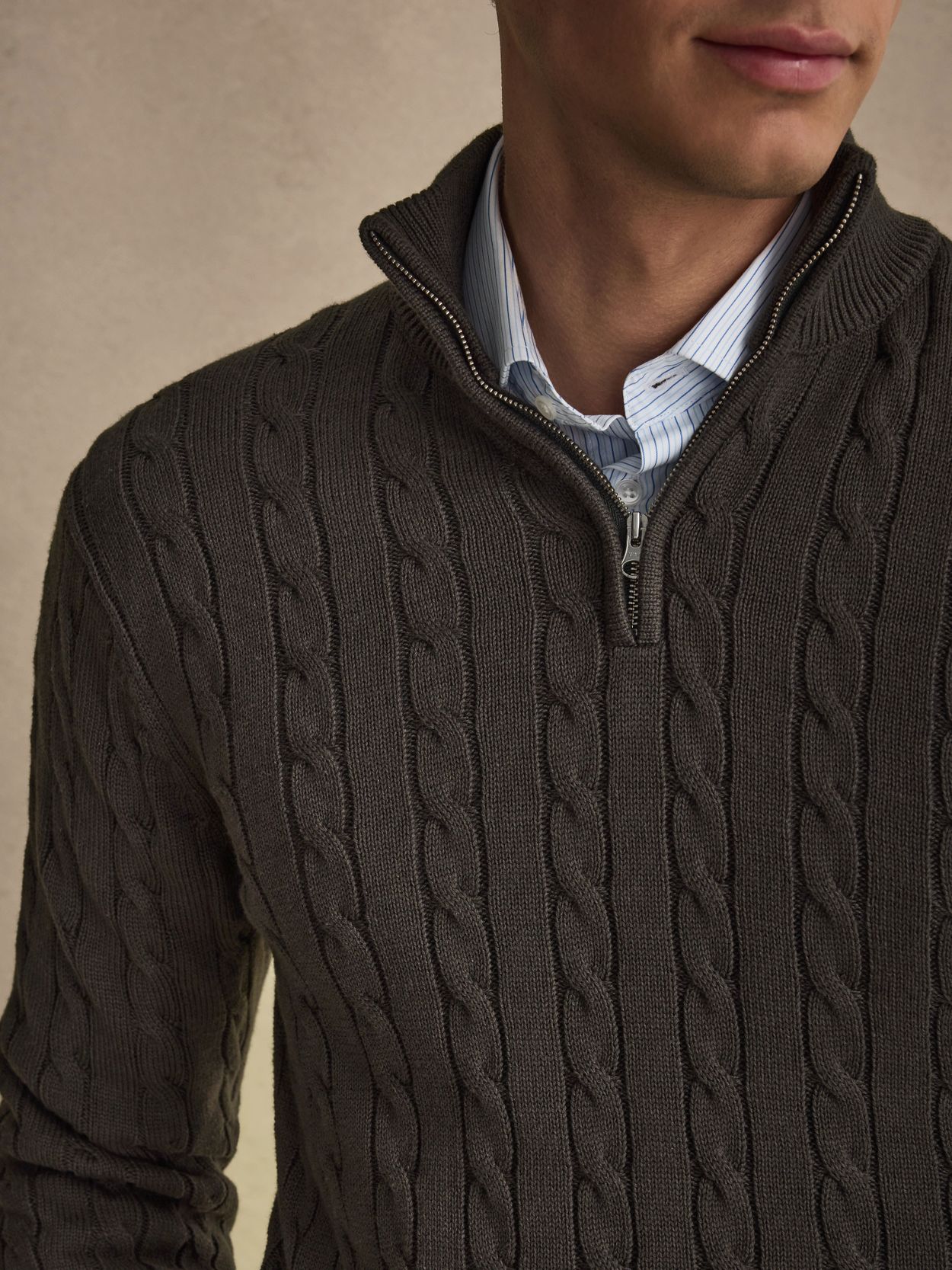Green Half Zip Sweater Regular Fit - Cotton Cable Knitted - Buy 