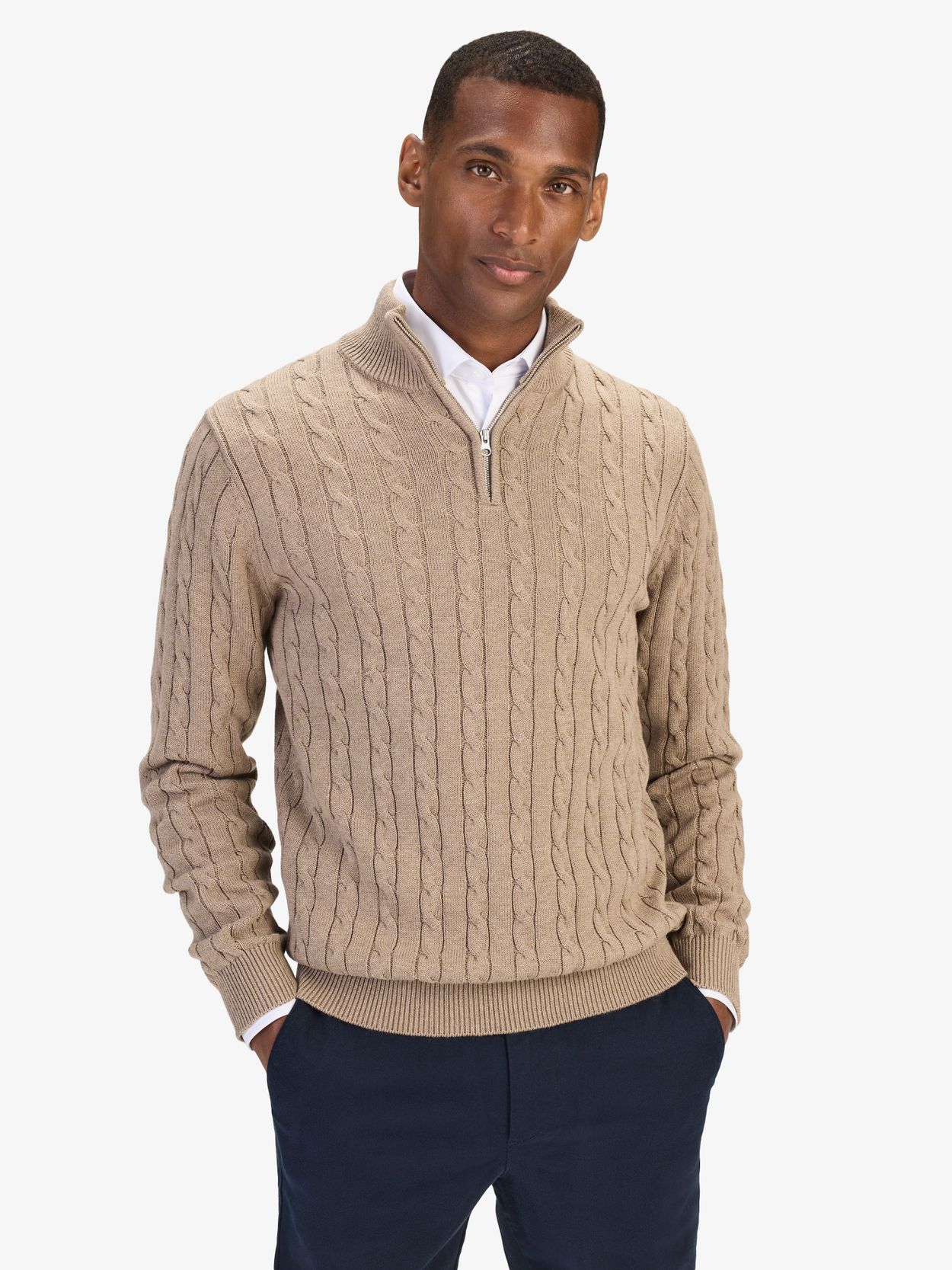 Sand Half Zip Sweater Regular Fit - Cotton Cable Knitted - Buy 