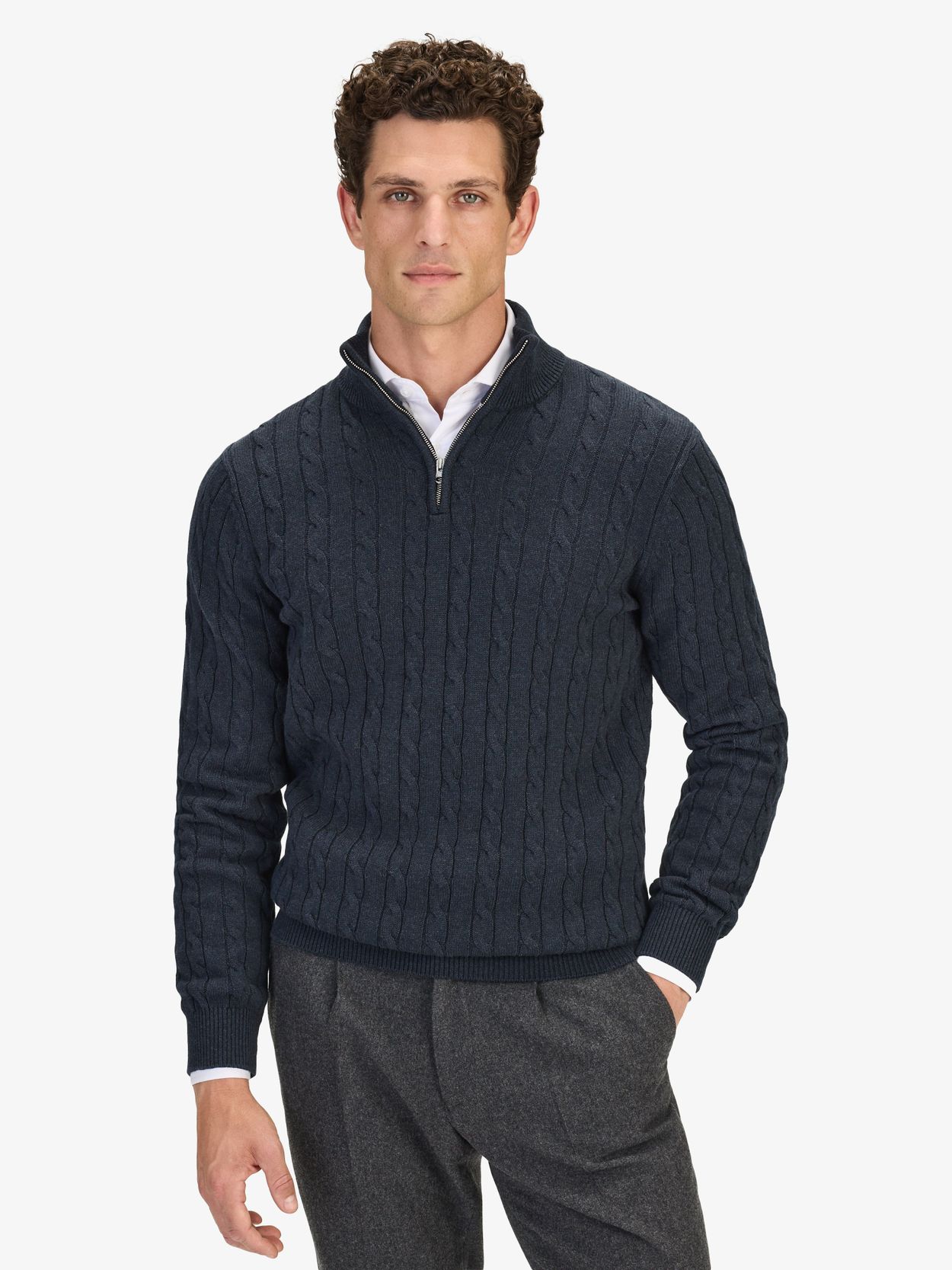 Blue Half Zip Sweater Regular Fit - Cotton Cable Knitted - Buy 