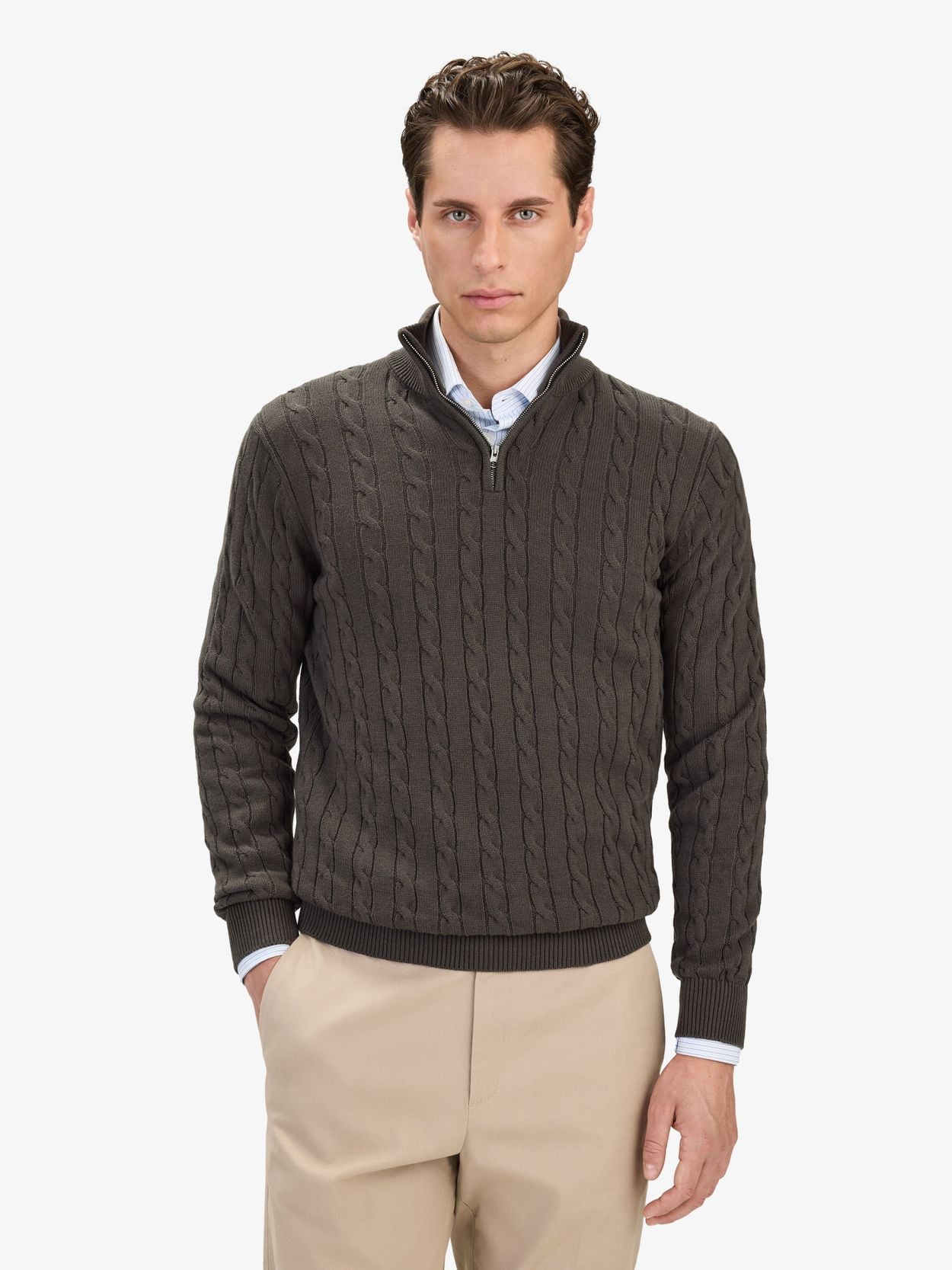 Green Half Zip Sweater Regular Fit - Cotton Cable Knitted - Buy