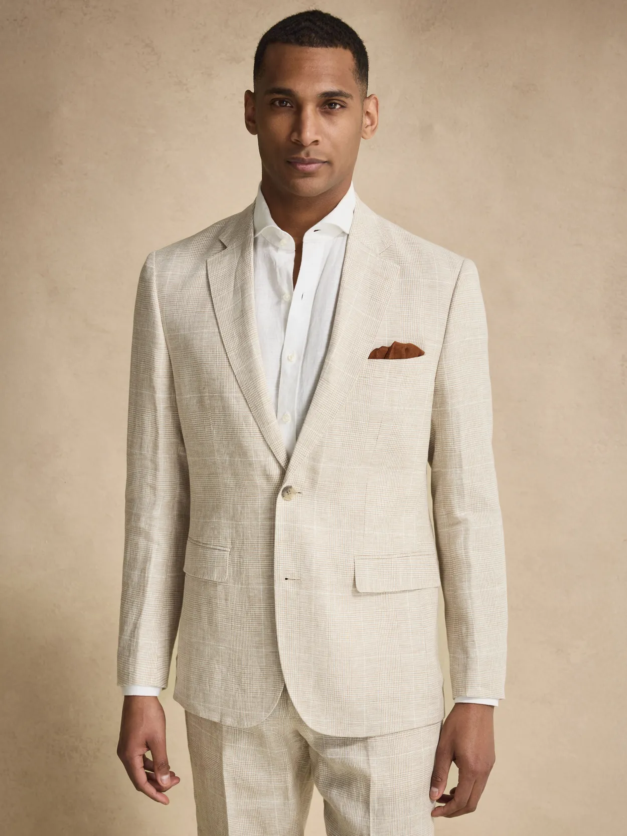 Beige Checked Suit Linen