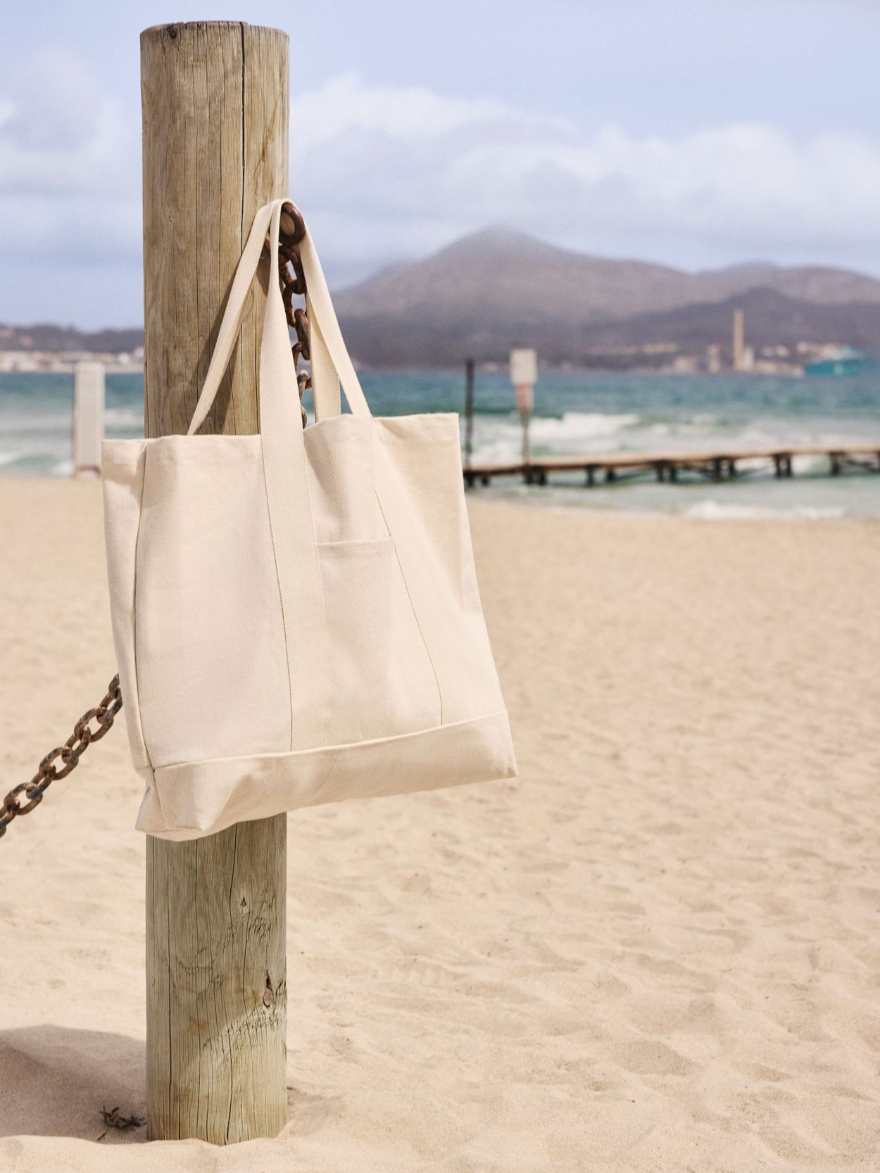 Canvas Beige Beach Bag Canvas Tote Bag With Chain Beach Bag- Tan