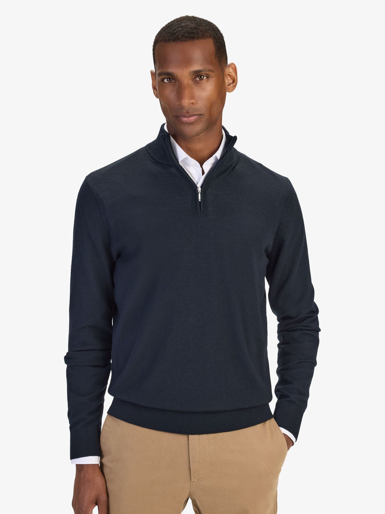 Navy Blue Zipper Sweater Regular Fit - Men's merino wool sweater