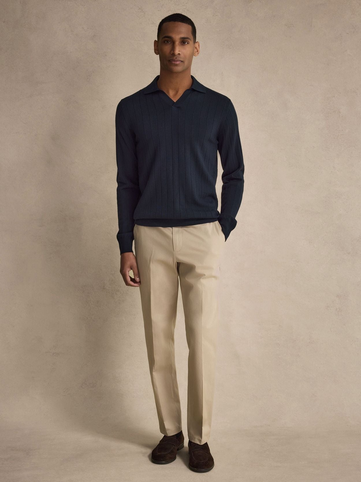 Navy Blue Polo Sweater Regular Fit - Merino Wool Open Collar - Buy