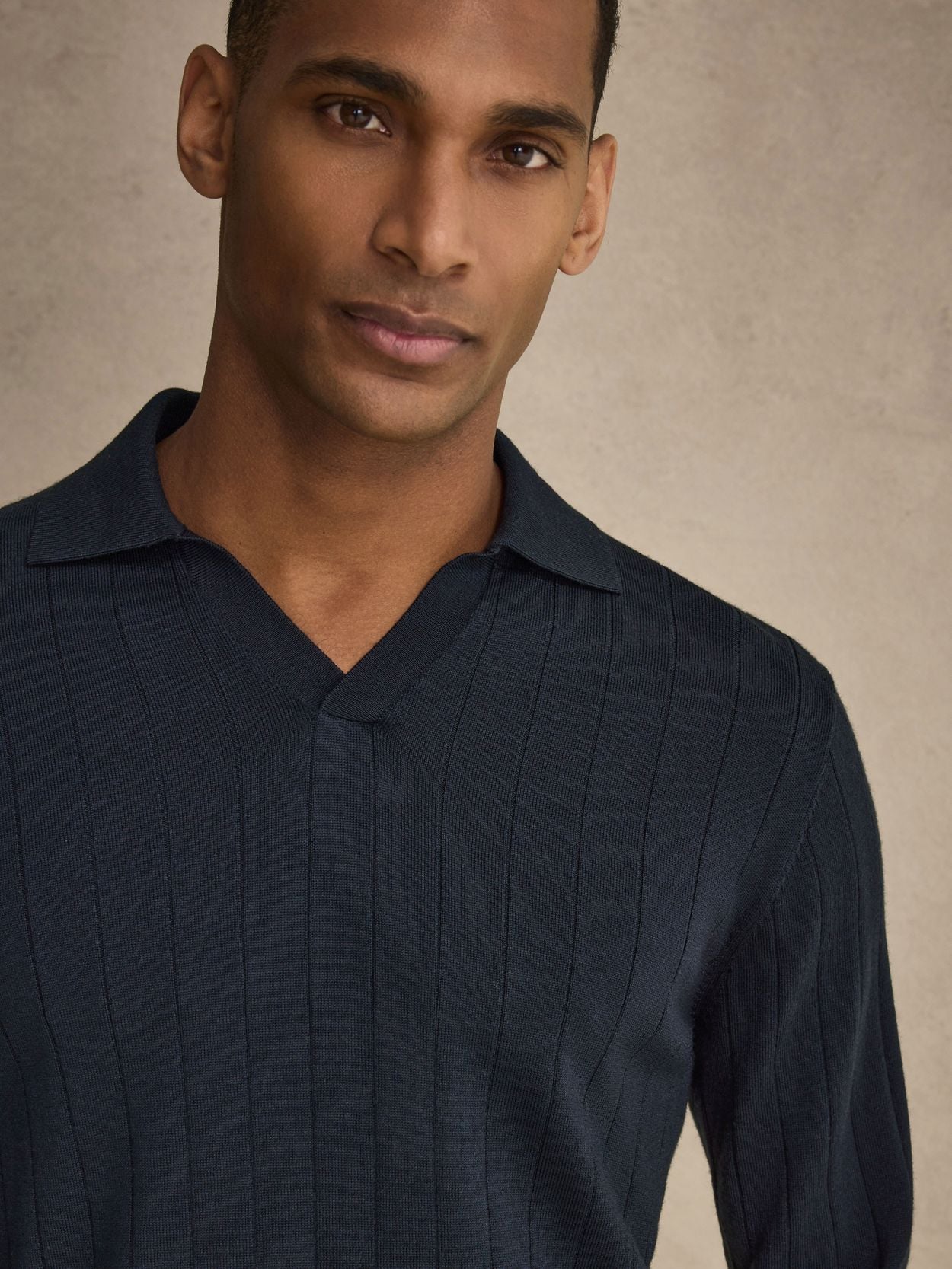 Navy Blue Polo Sweater Regular Fit - Merino Wool Open Collar - Buy