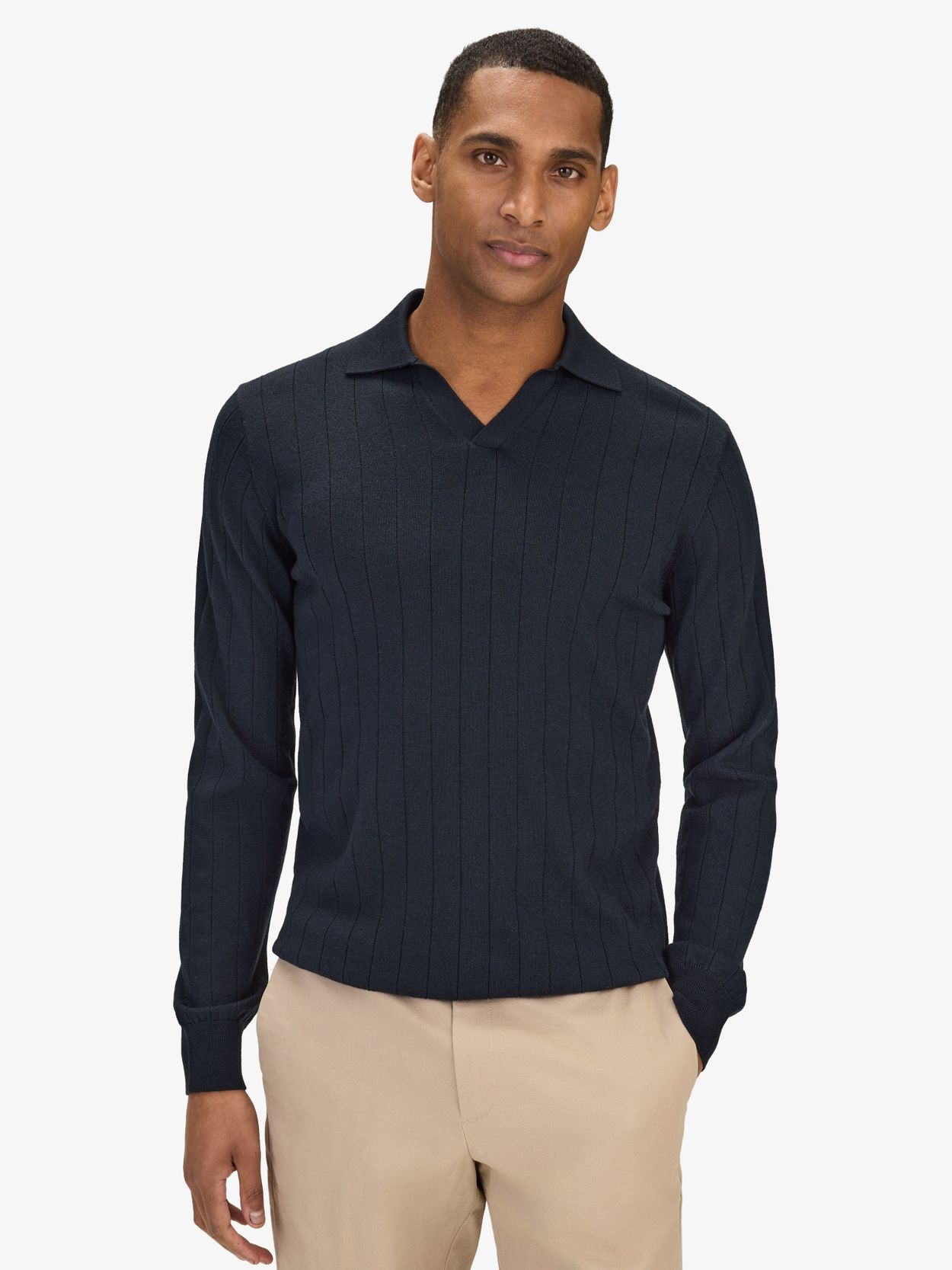 Navy Blue Polo Sweater Regular Fit - Merino Wool Open Collar - Buy online |  John Henric