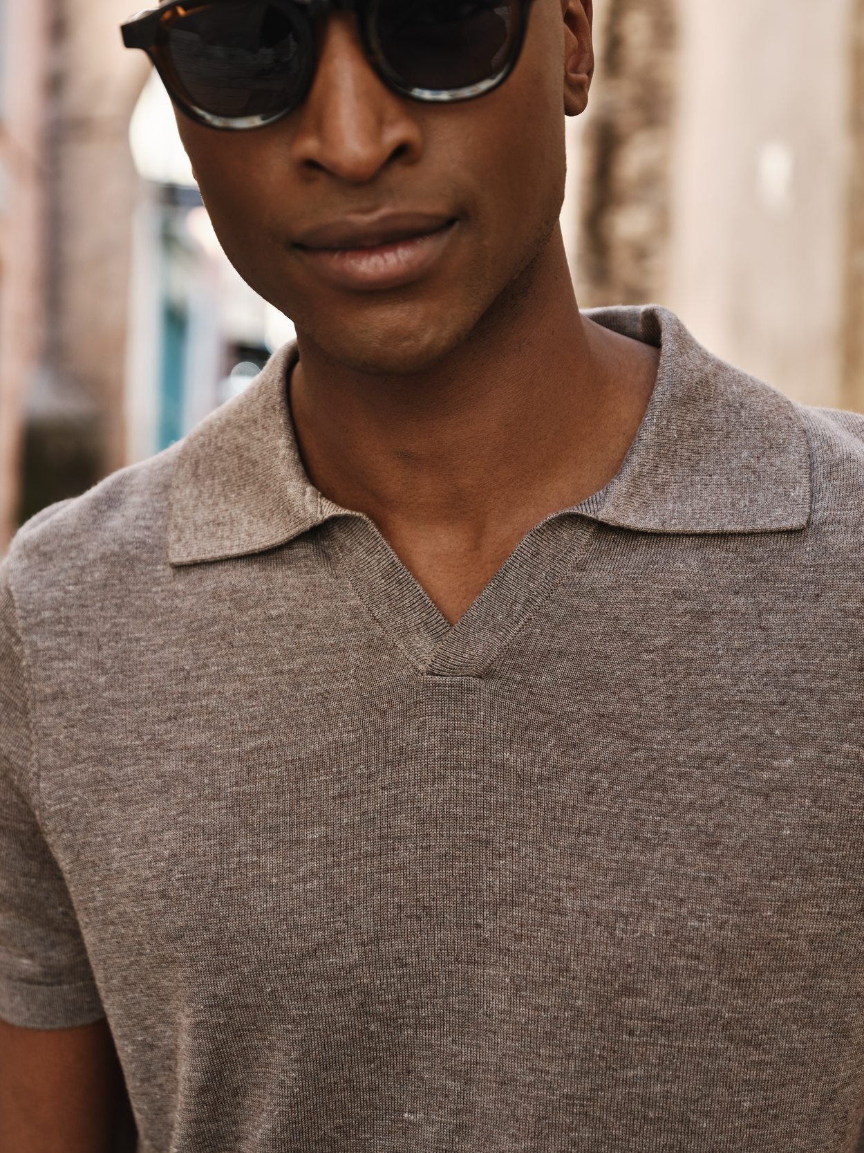Taupe Polo Shirt - Lyocell Linen V-Neck - Buy online | John Henric