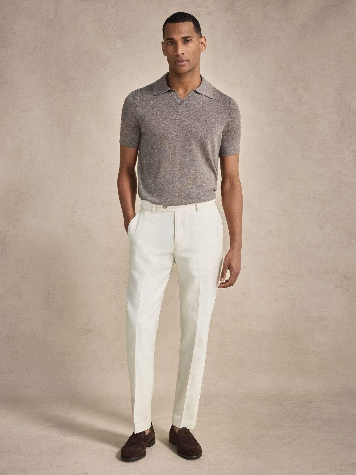 Taupe Polo Shirt - Lyocell Linen V-Neck - Buy online | John Henric