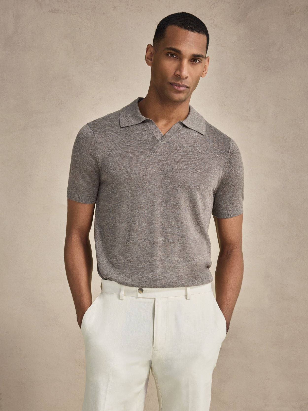 Taupe Polo Shirt - Lyocell Linen V-Neck - Buy online | John Henric