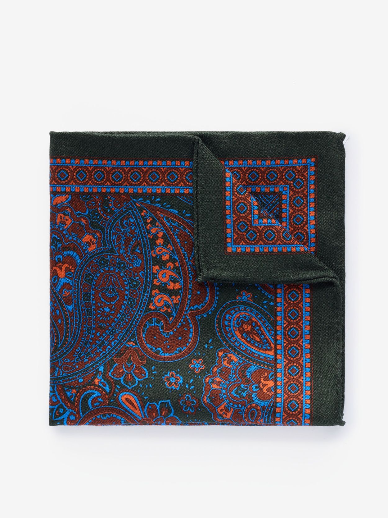 Dark Green Pocket Square Wool Paisley