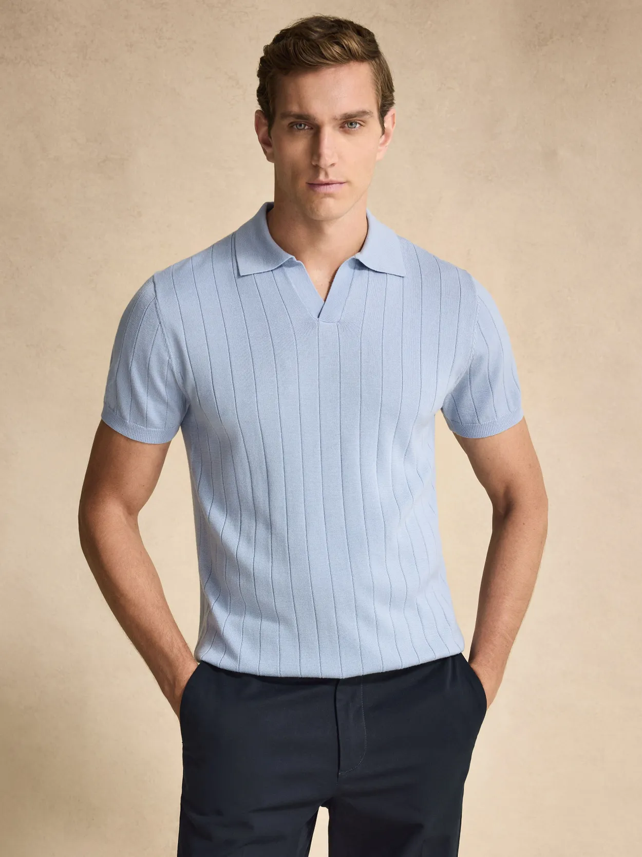 Blue Ribbed Knitted Merino Polo